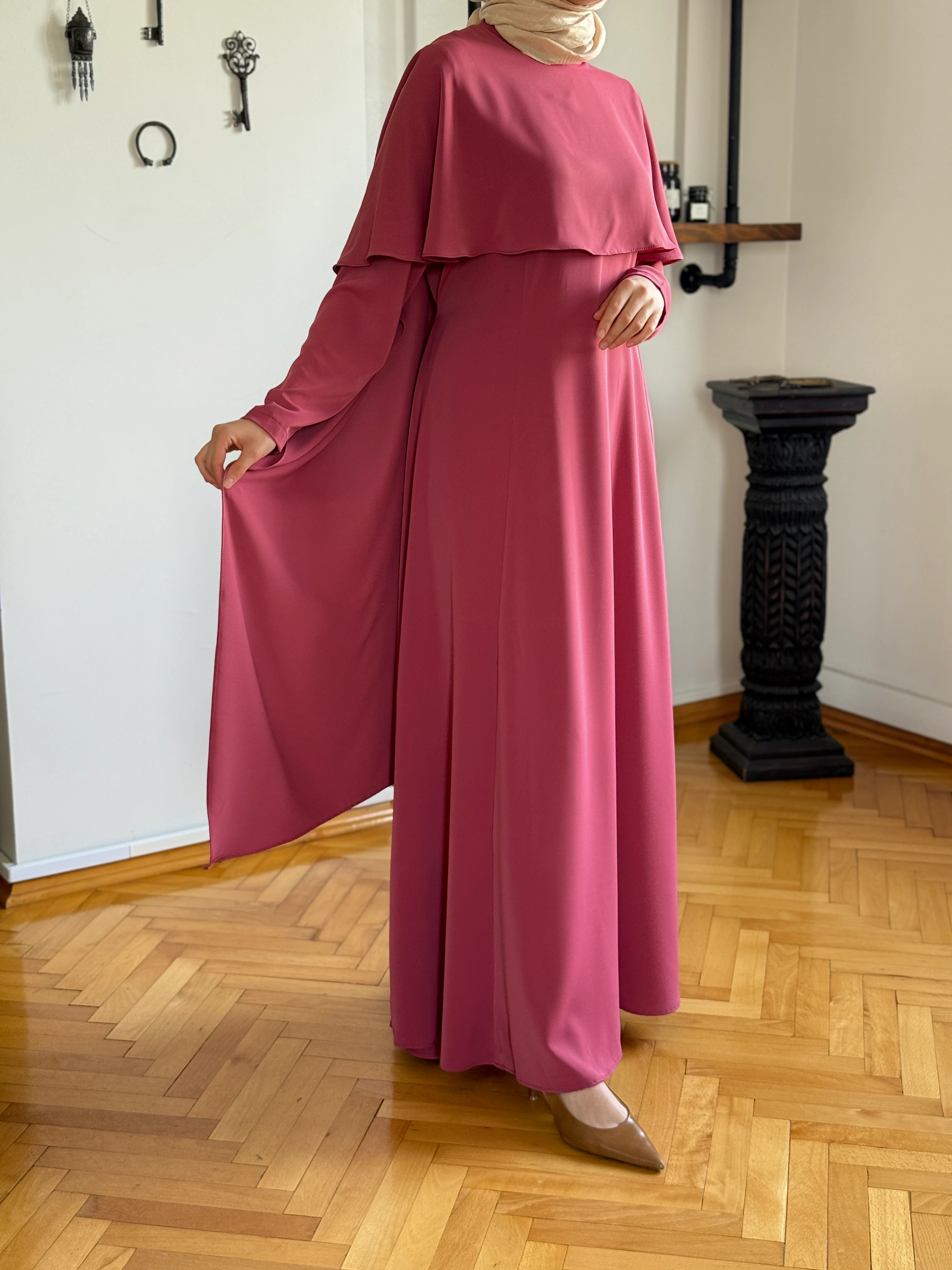 Pelerinli Bel Bağlamalı Elbise 1002 NAVRA | FENDEL - gül kurusu