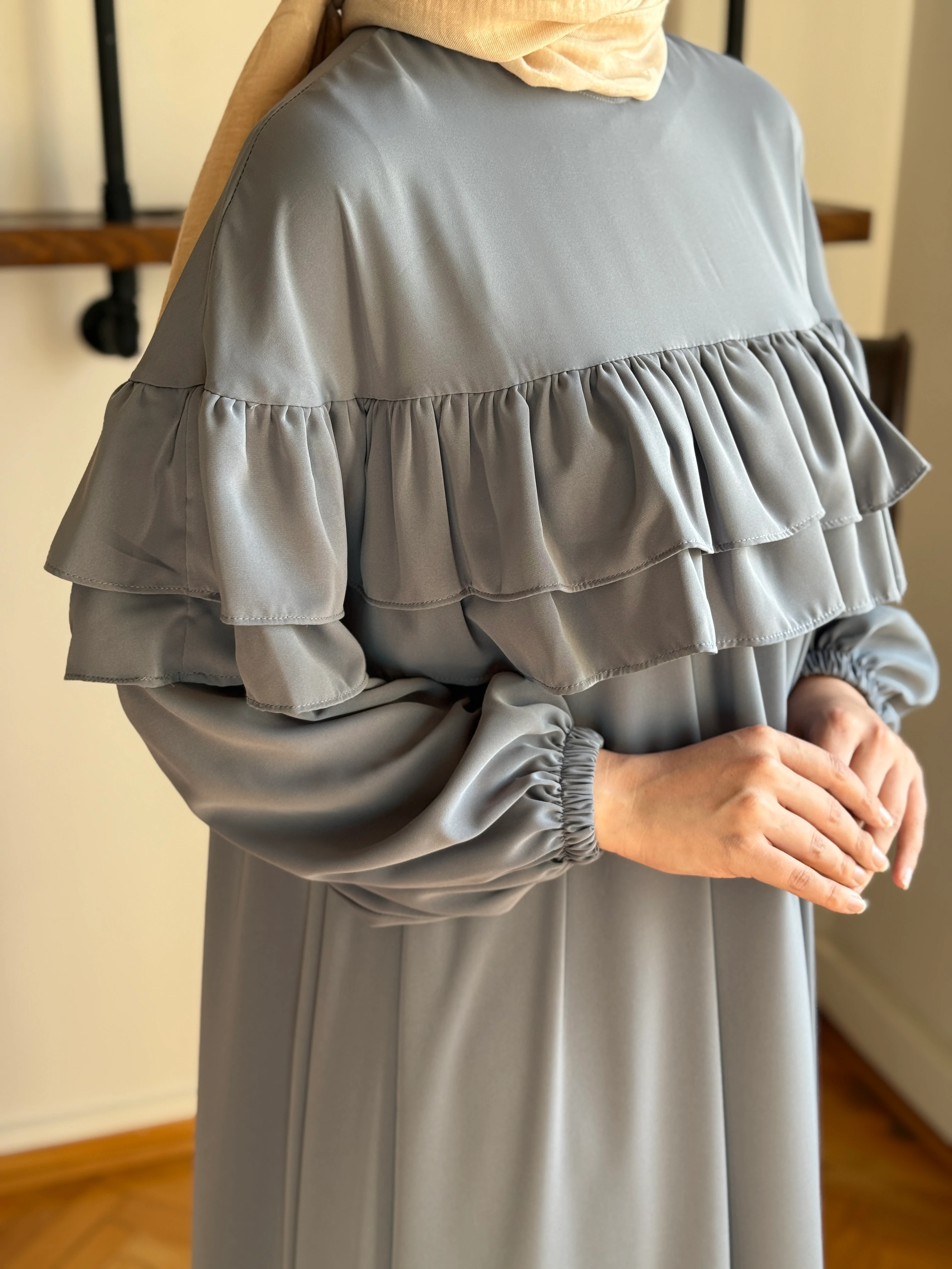 Çift Fırfırlı Robalı Dubai İpeği Elbise 5068 NAVRA | FENDEL