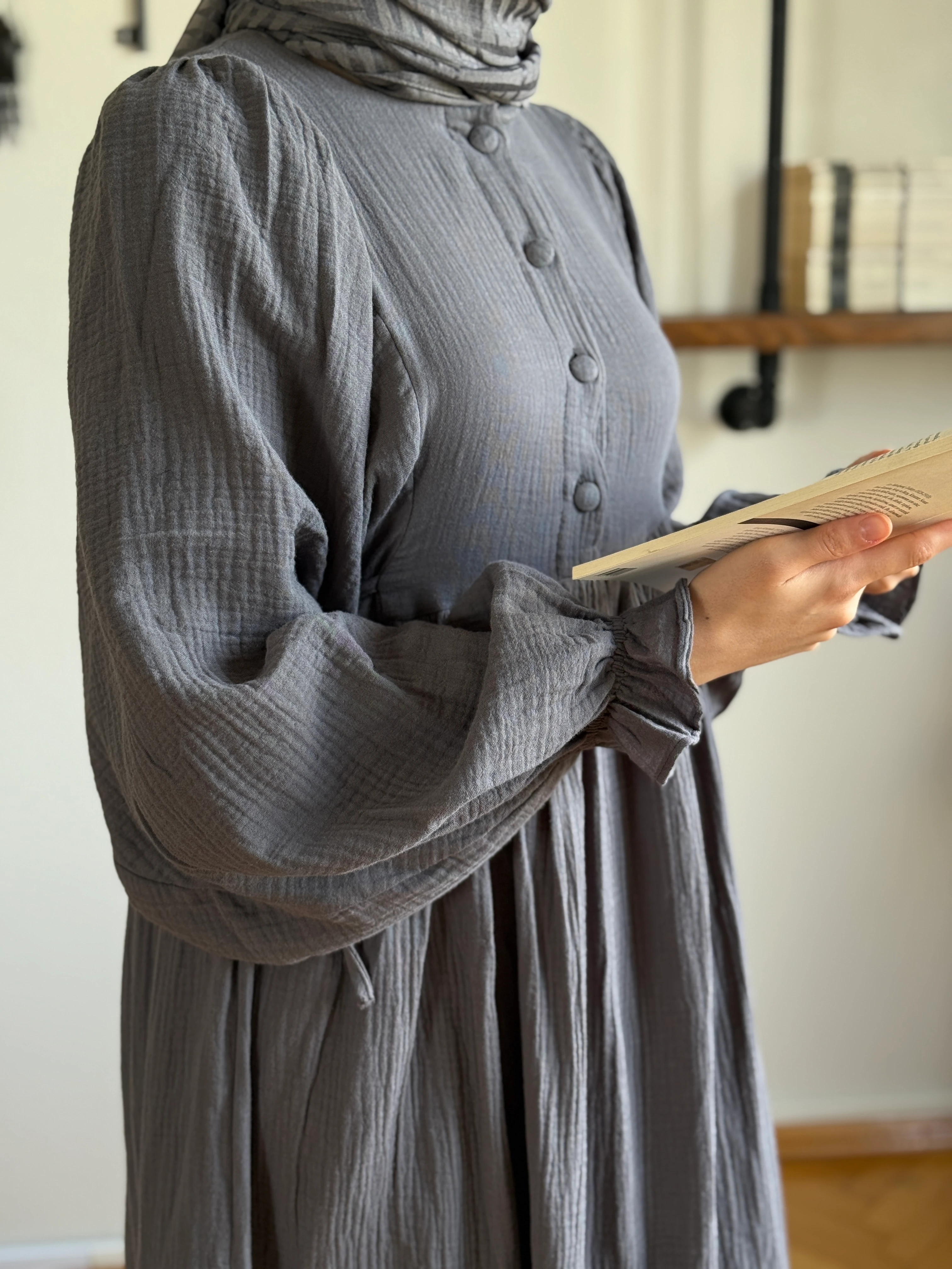 Yarımpat Yandan Bağlamalı Müslin Elbise 1004 NAVRA | FENDEL - füme