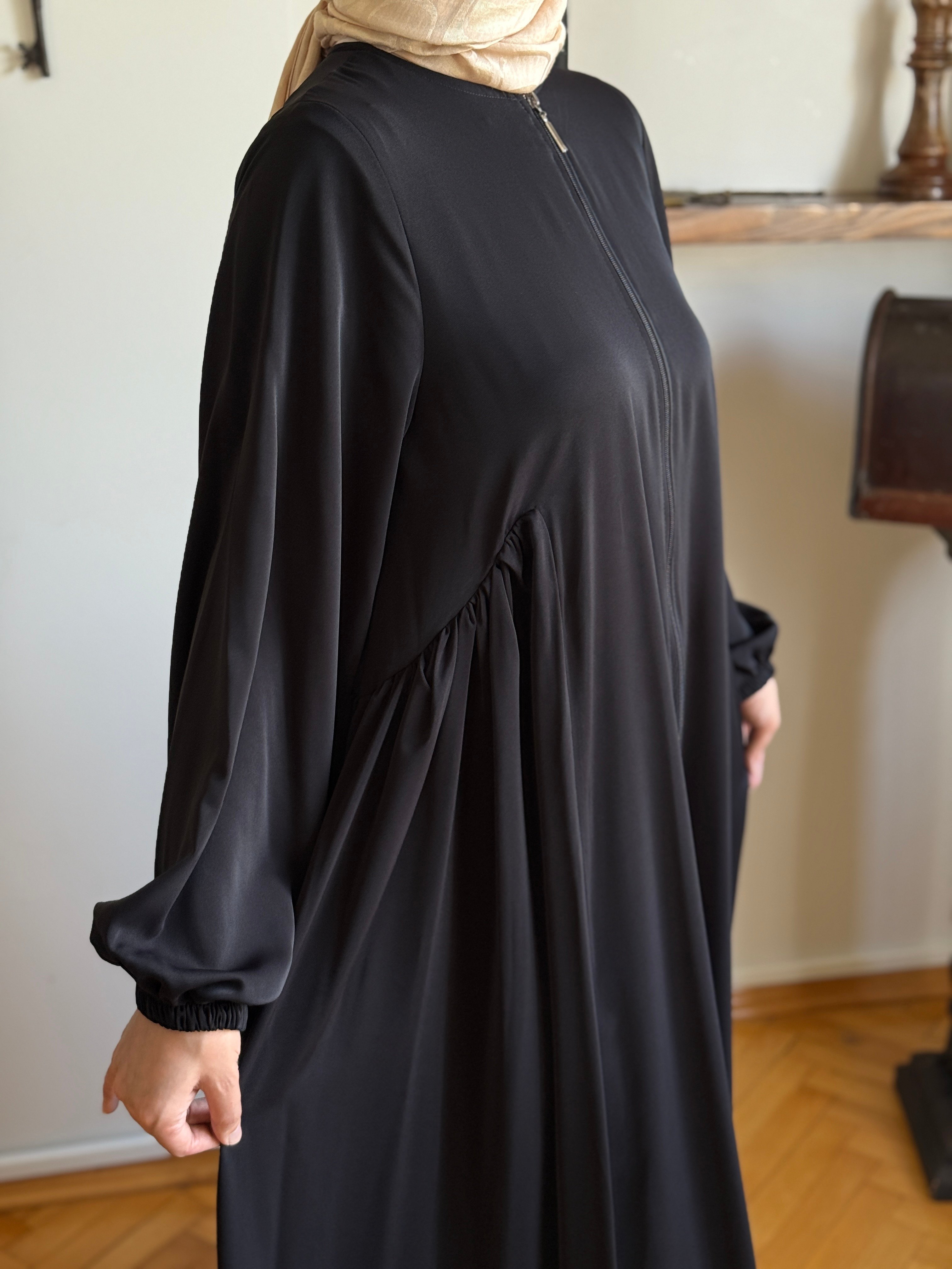 Yandan Büzgülü Ferace 5039 - siyah