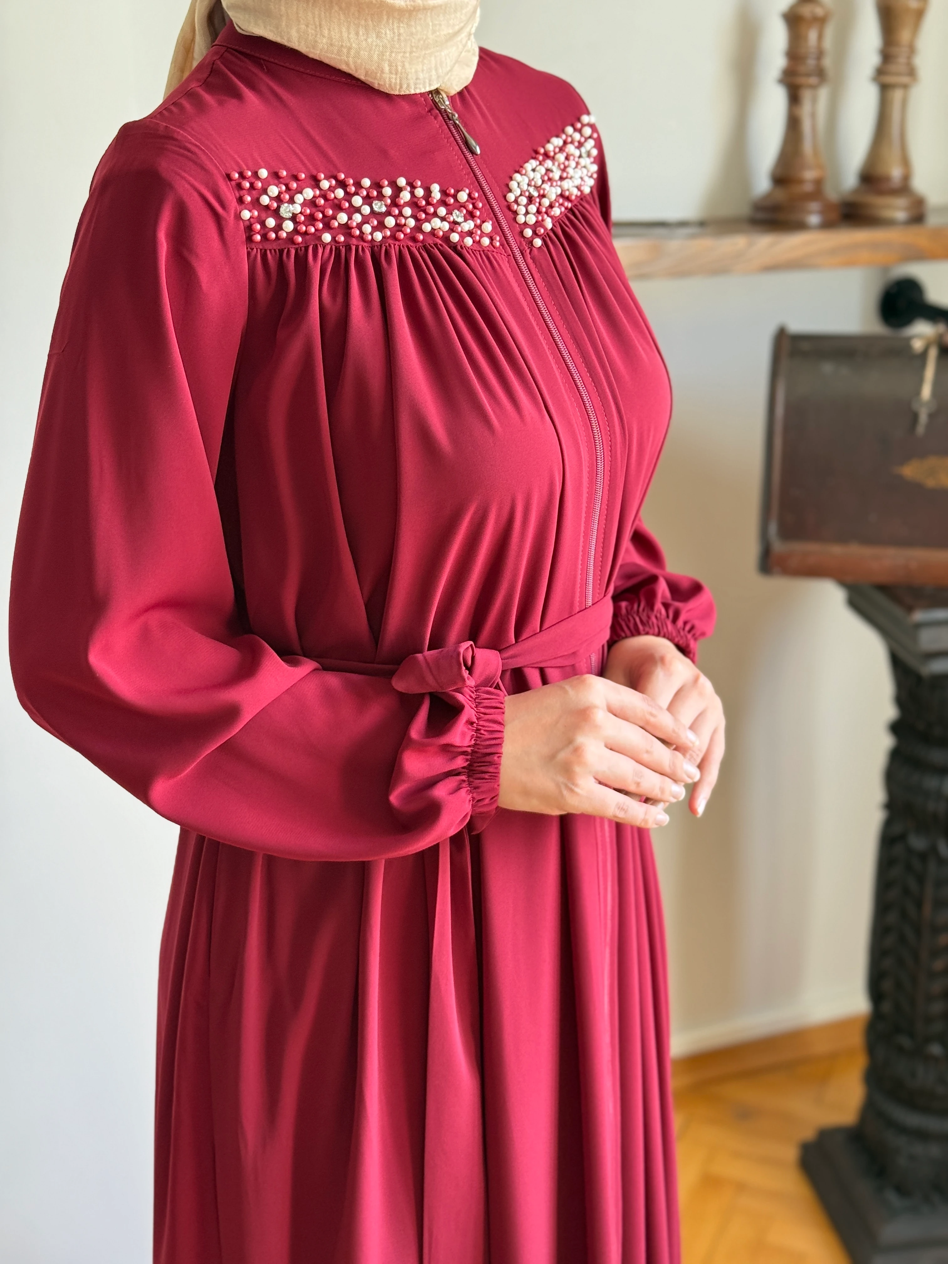 Robalı Boncuklu Medine İpeği Ferace 5016 NAVRA | FENDEL - bordo