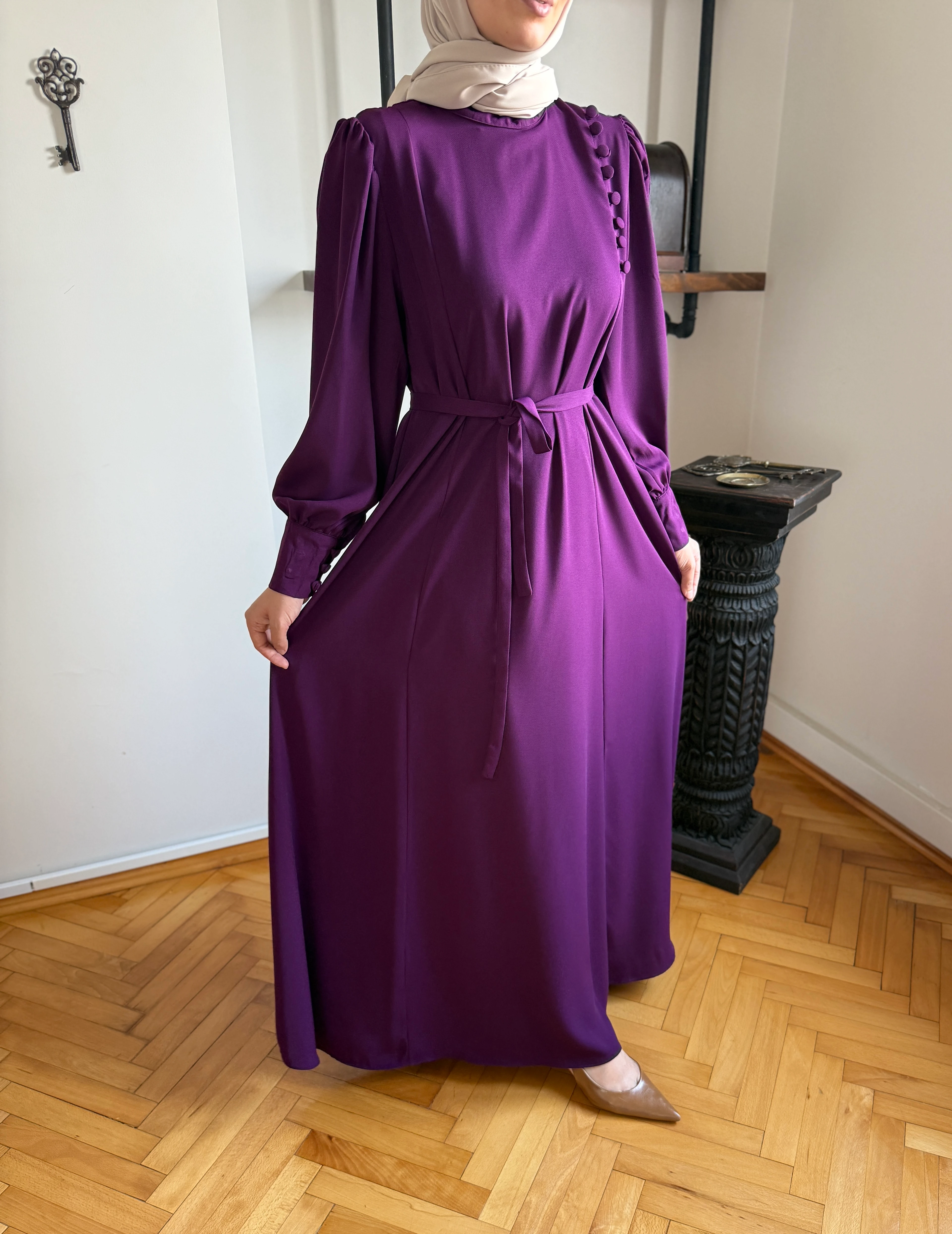 Yandan Kaplama Düğmeli Krep Elbise 5086 NAVRA | FENDEL