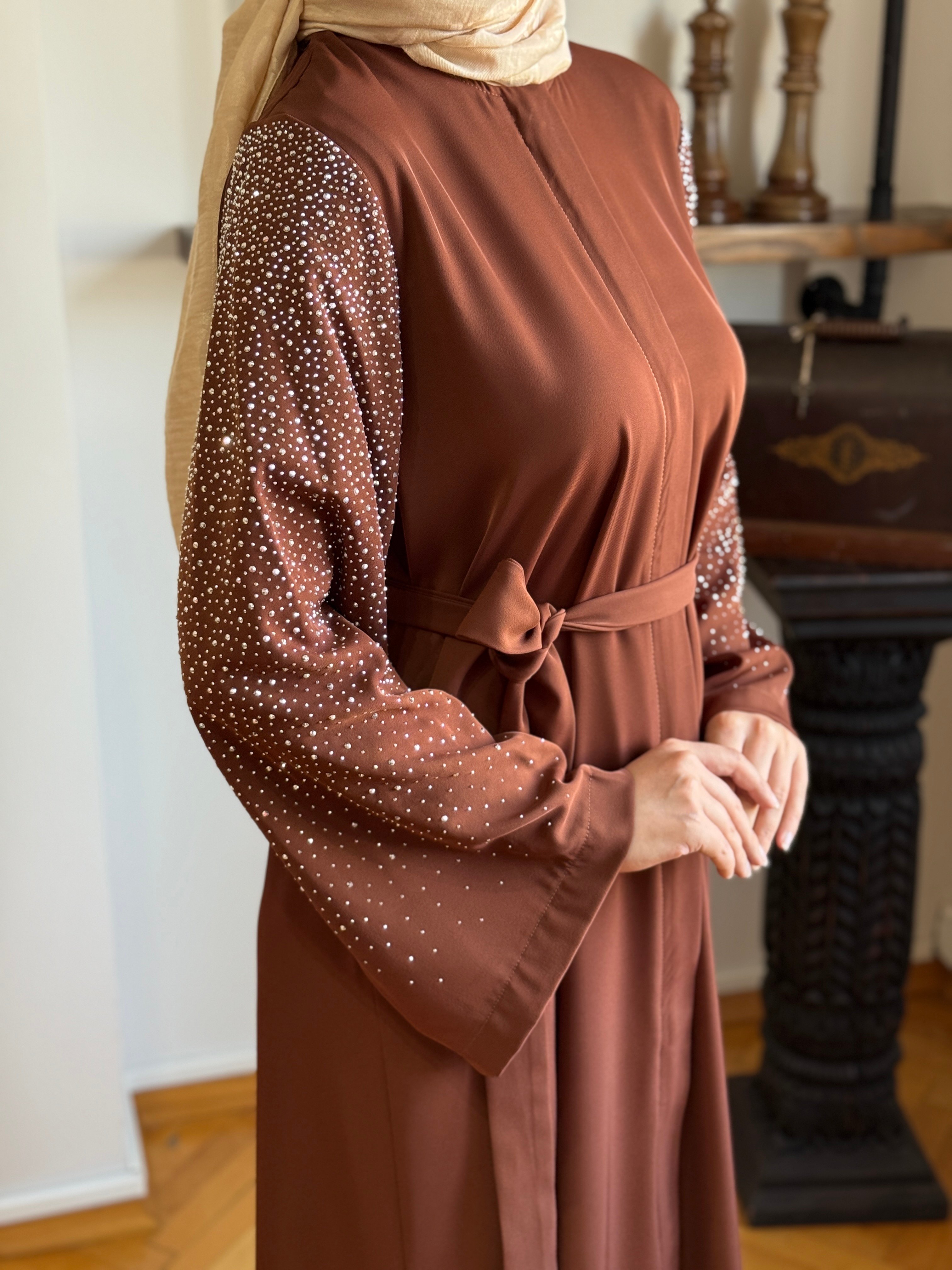 Bej Kolu Taşlı Ferace 5048 - kahverengi