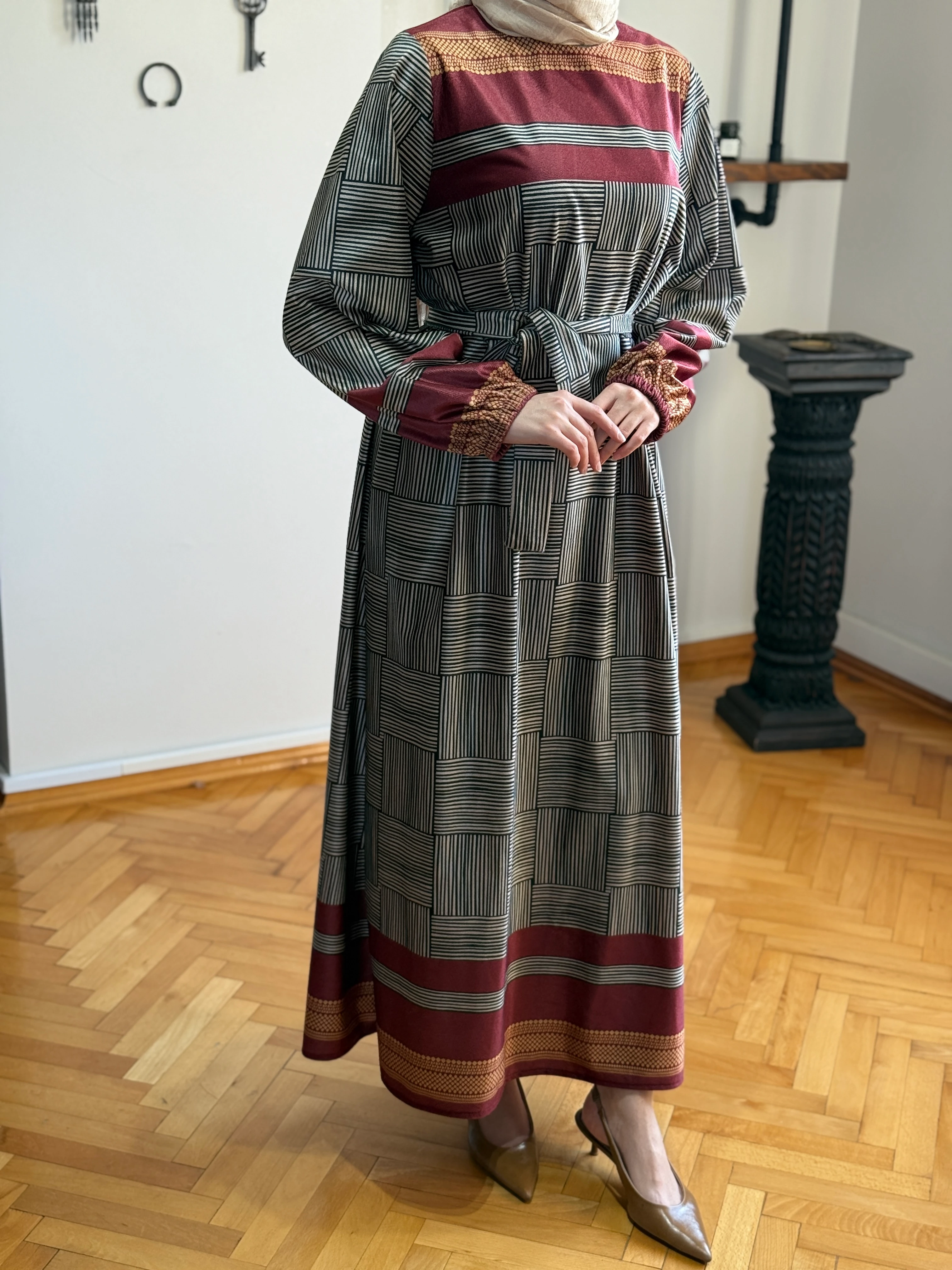 Dama Desen Çizgili Kadife Elbise 2302 NAVRA | FENDEL