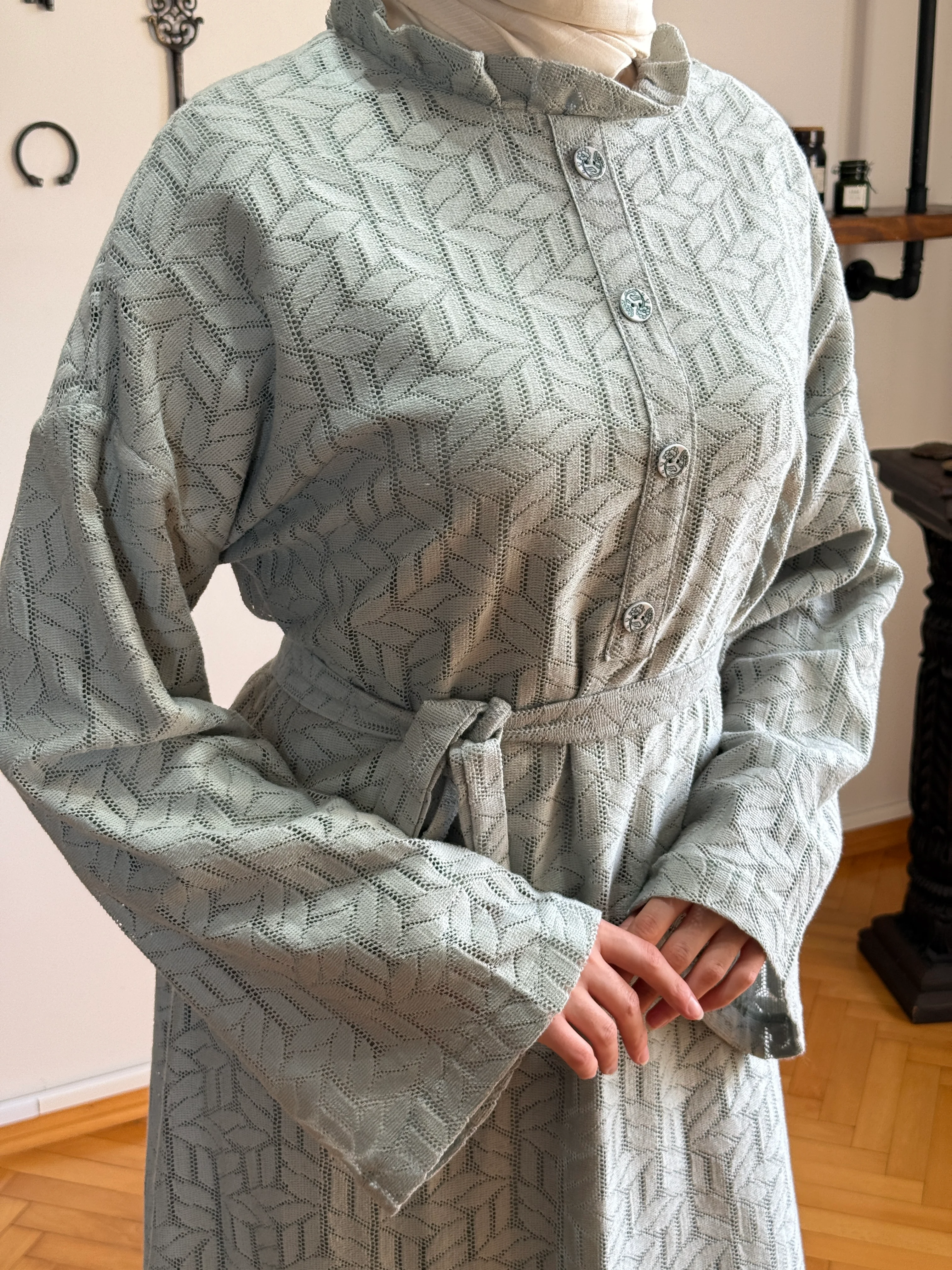 Yaka Büzgülü Abaya Kol Astarlı Dantel Elbise 2426 NAVRA | FENDEL