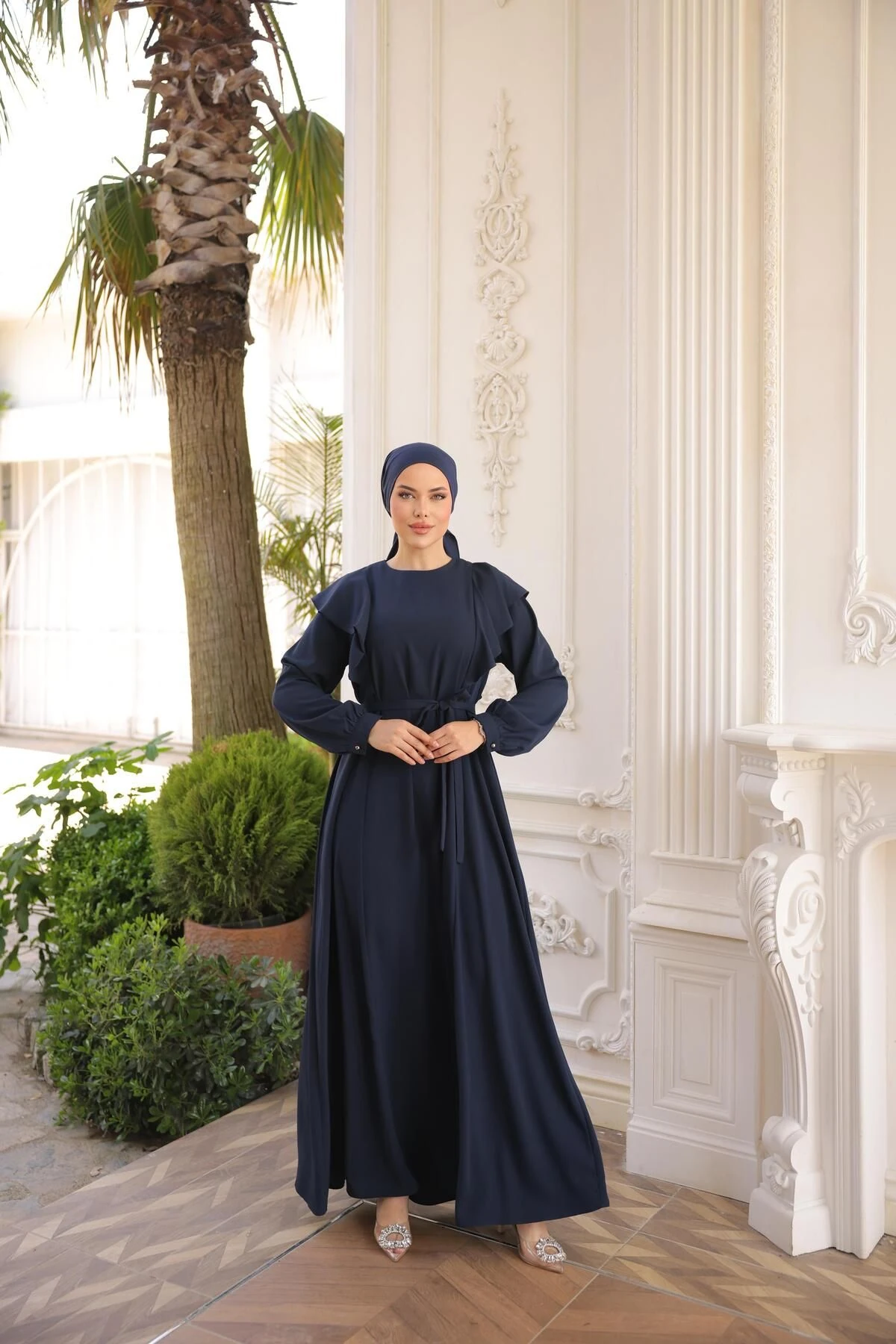 Omuz Volanlı Krep Tesettür Elbise 5090 NAVRA | FENDEL - lacivert