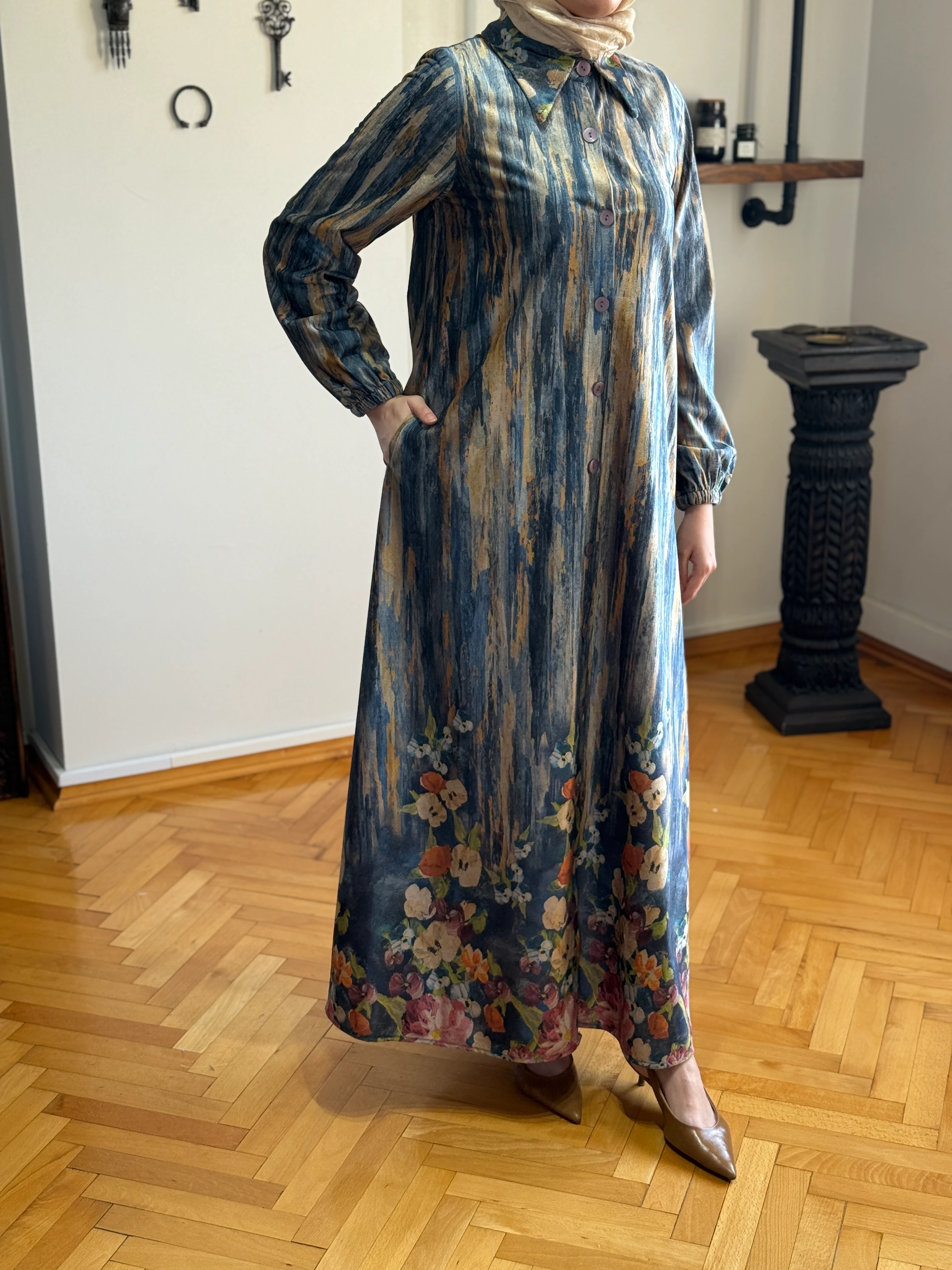 Boy Düğmeli Eteği Sulu Kadife Elbise 2305 NAVRA | FENDEL