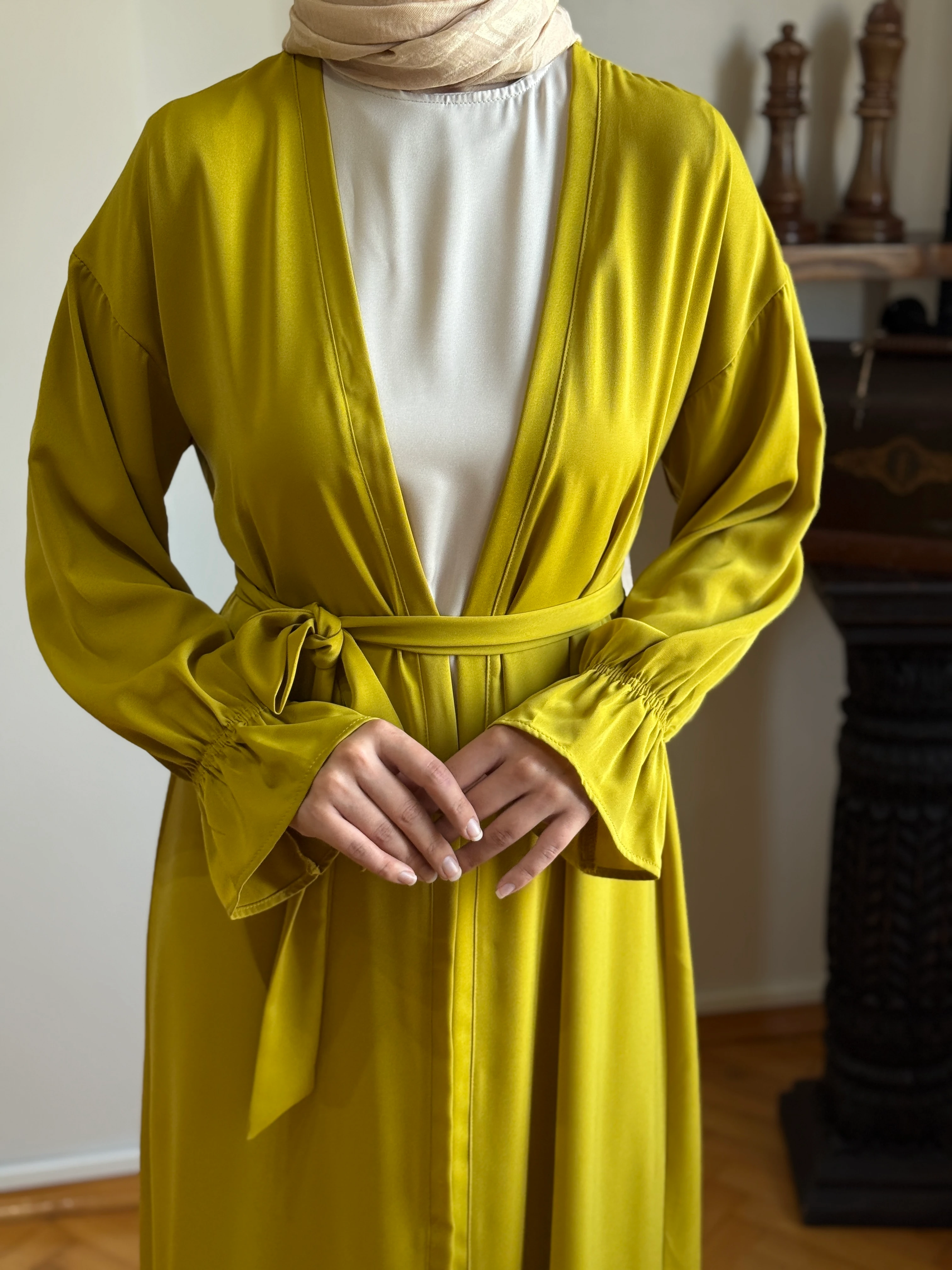 Garnili Kuşaklı Ikili Abaya Takım 5041 NAVRA | FENDEL - yağ yeşili