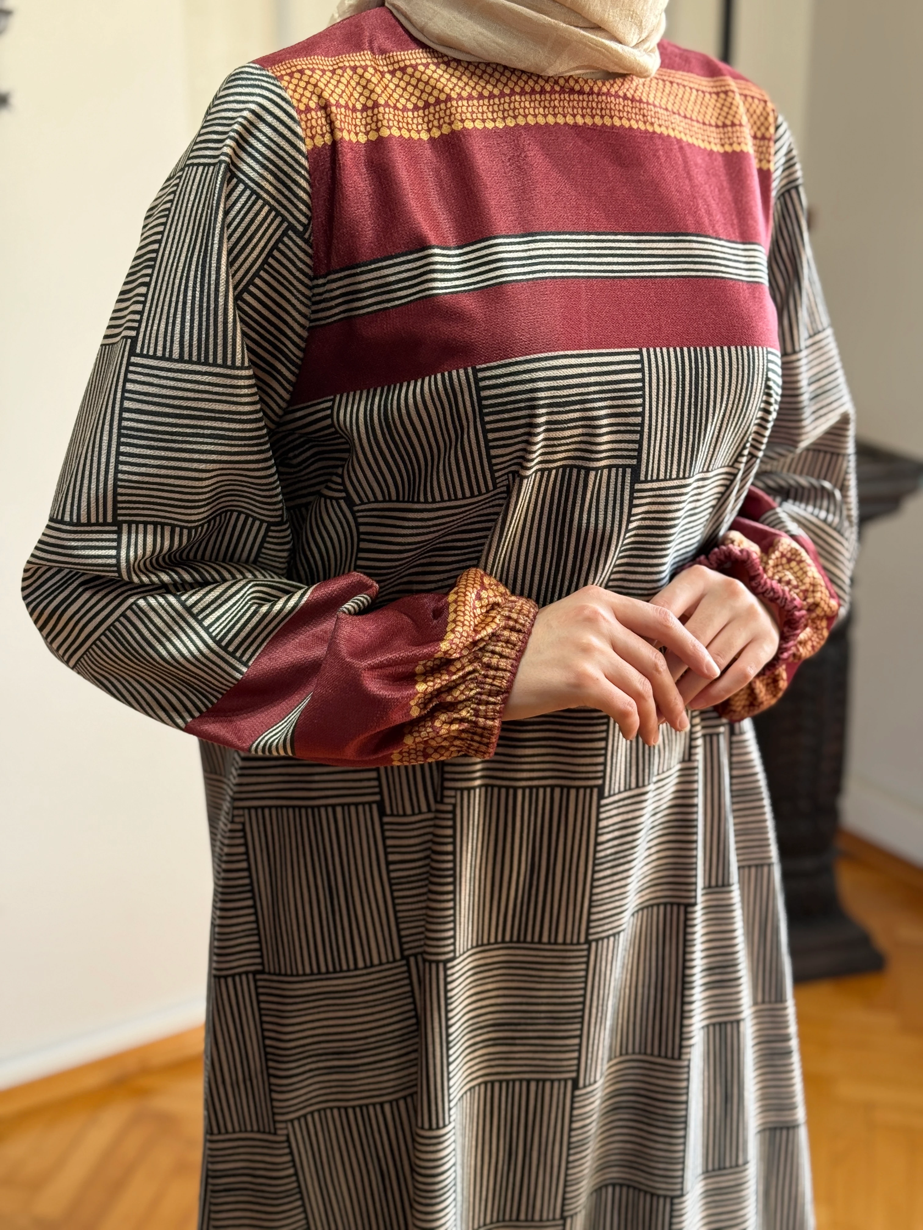 Dama Desen Çizgili Kadife Elbise 2302 NAVRA | FENDEL - bordo