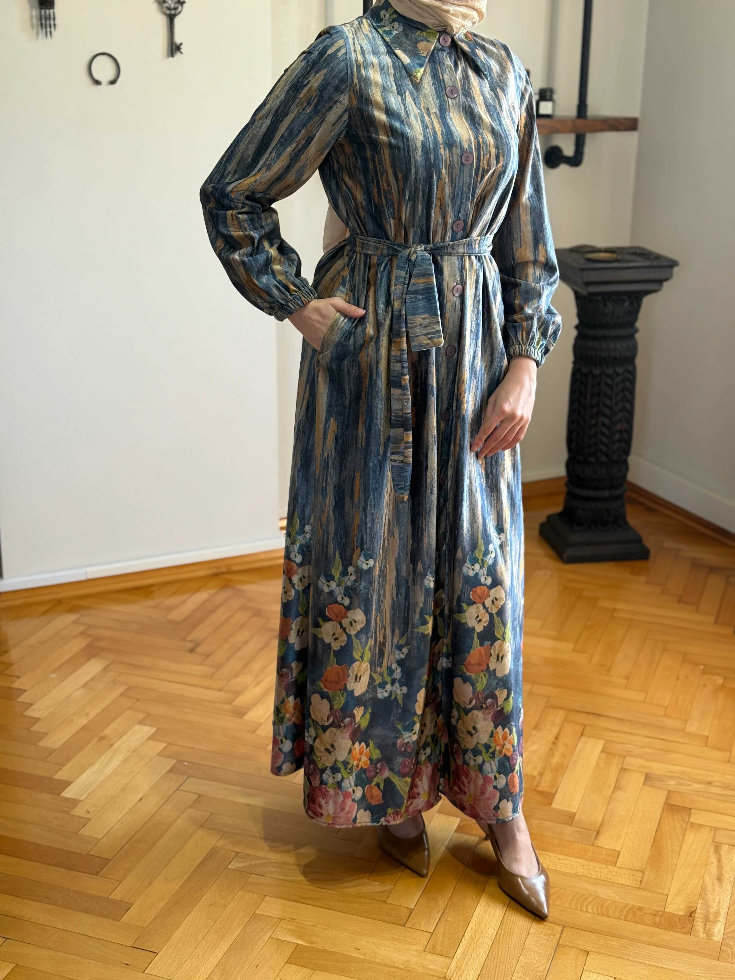 Boy Düğmeli Eteği Sulu Kadife Elbise 2305 NAVRA | FENDEL