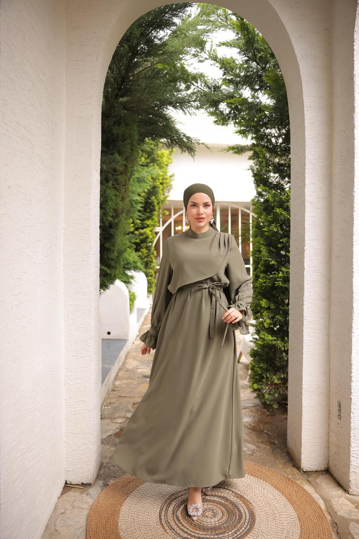 Anvelop Detaylı Krep Elbise 5085 NAVRA | FENDEL - haki