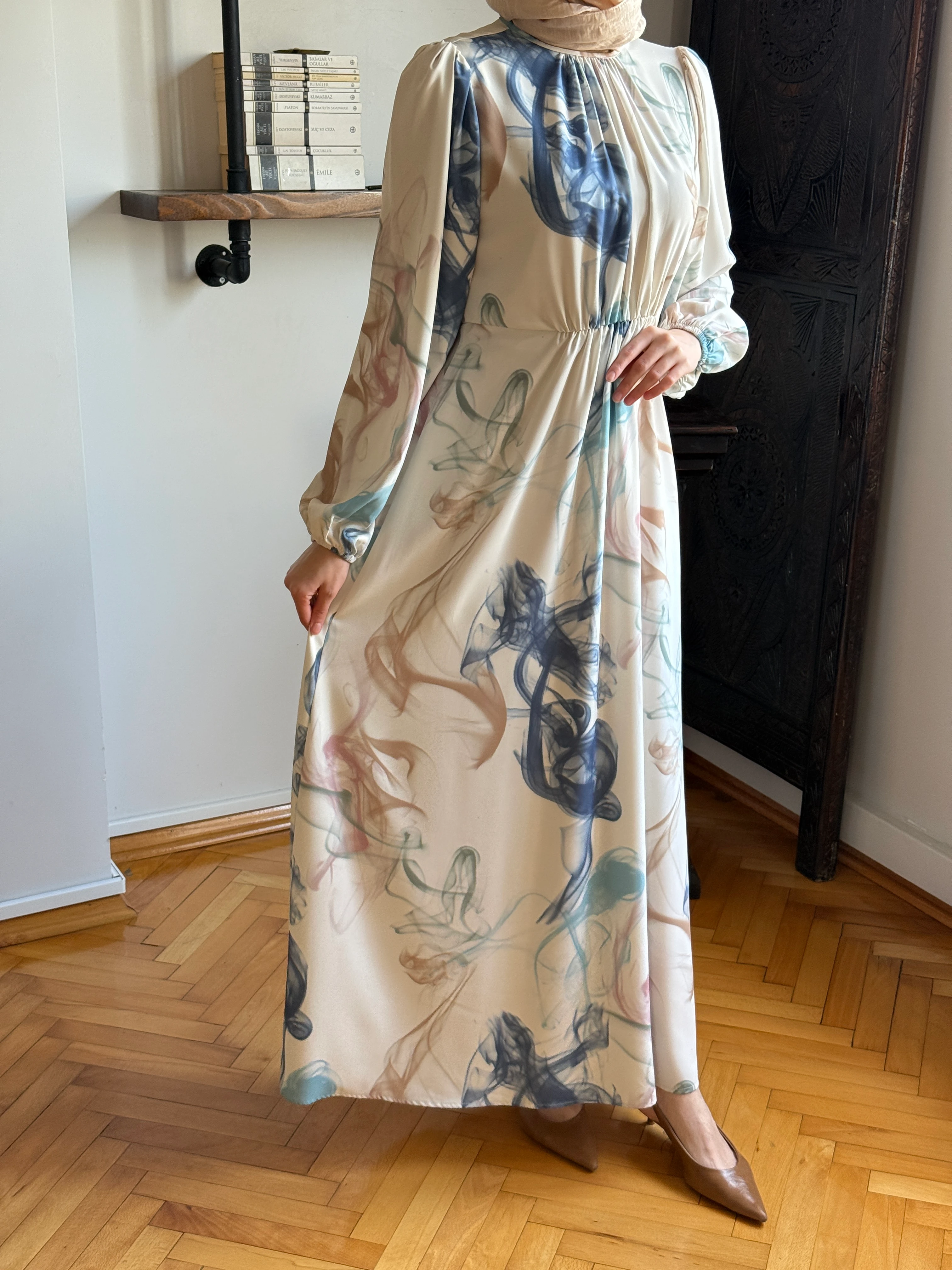 Bel Lastikli Desenli Saten Elbise 1841 NAVRA | FENDEL