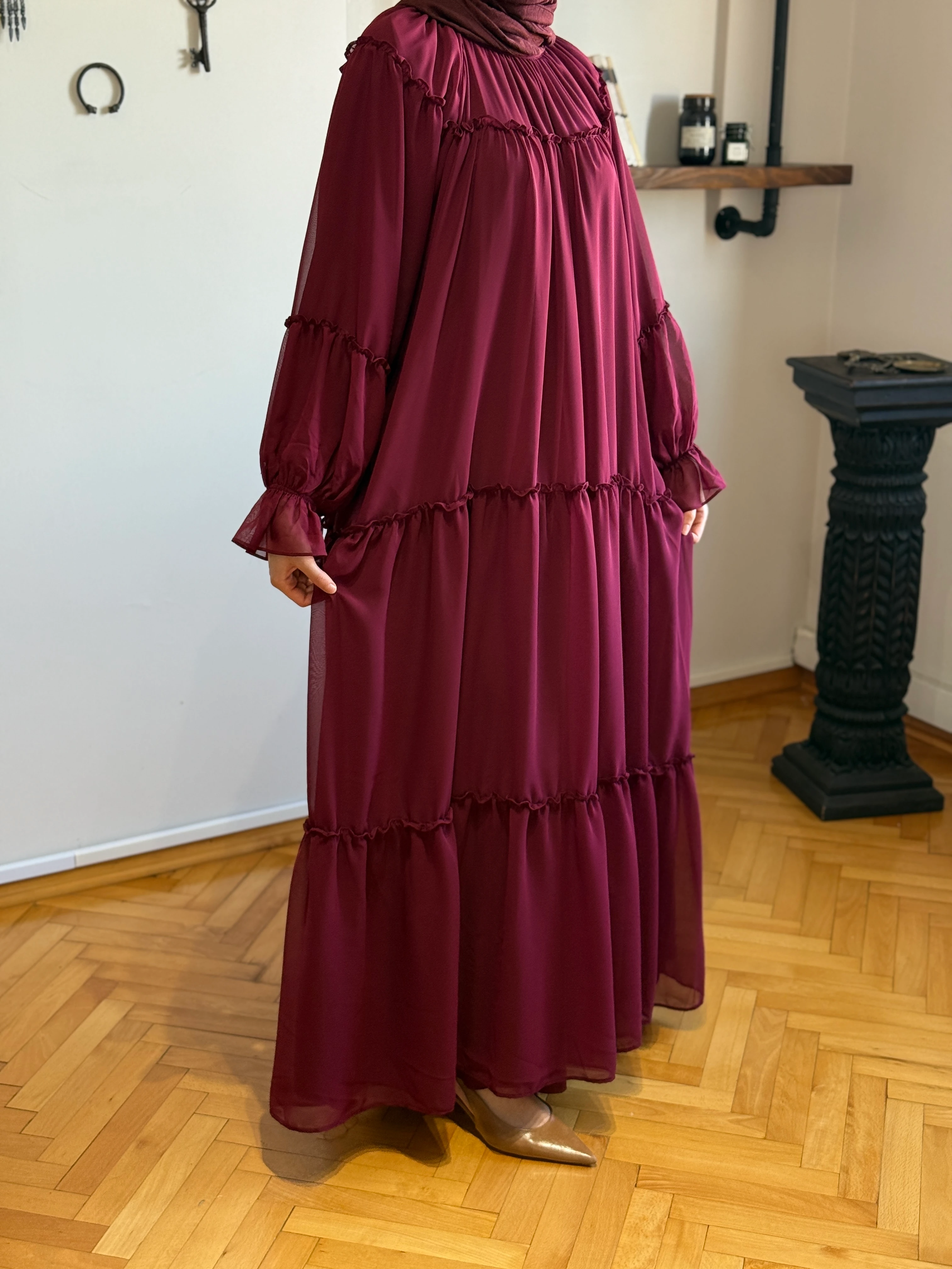 Reglan Kol Büzgülü Şifon Elbise 1005 NAVRA | FENDEL - bordo