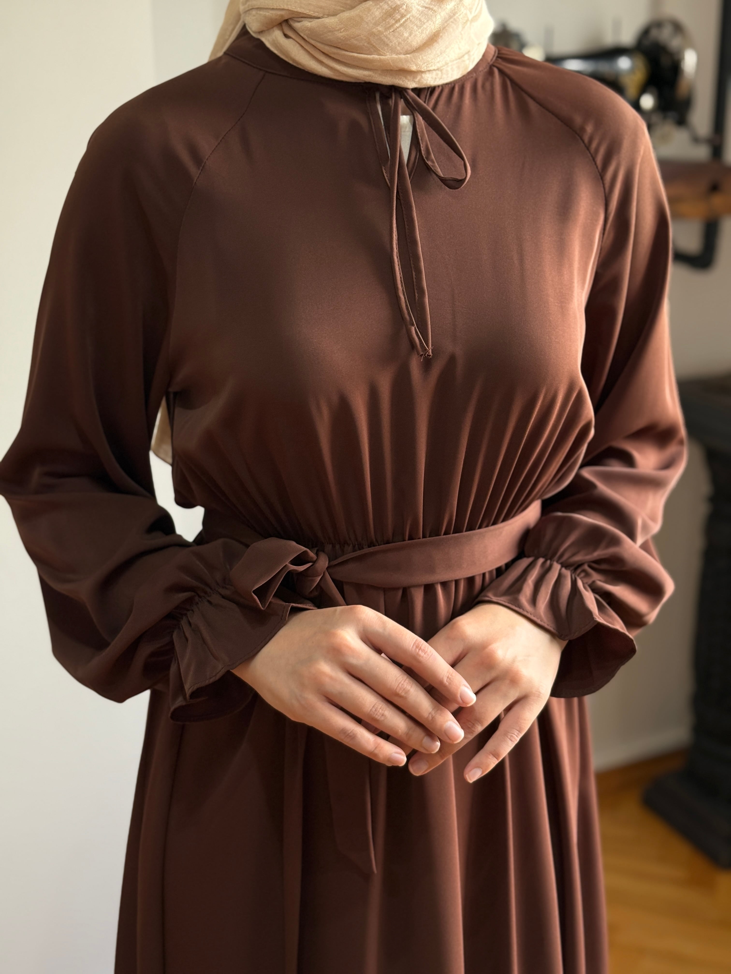 Reglan Kol Bel Lastikli Elbise 5077 - kahverengi