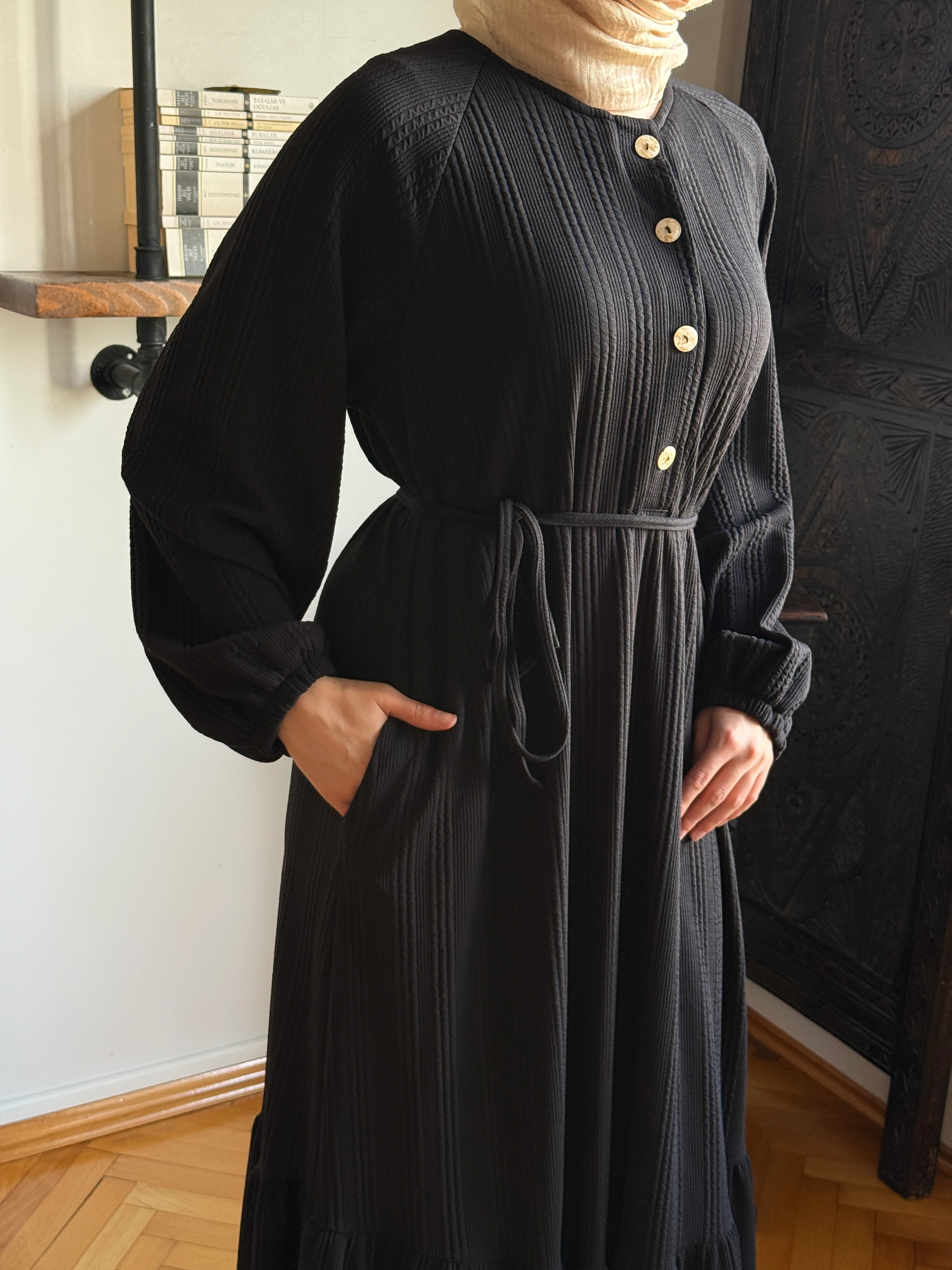 Reglan Kol Yarım Pat Eteği büzgülü Örme Elbise 2416 NAVRA | FENDEL