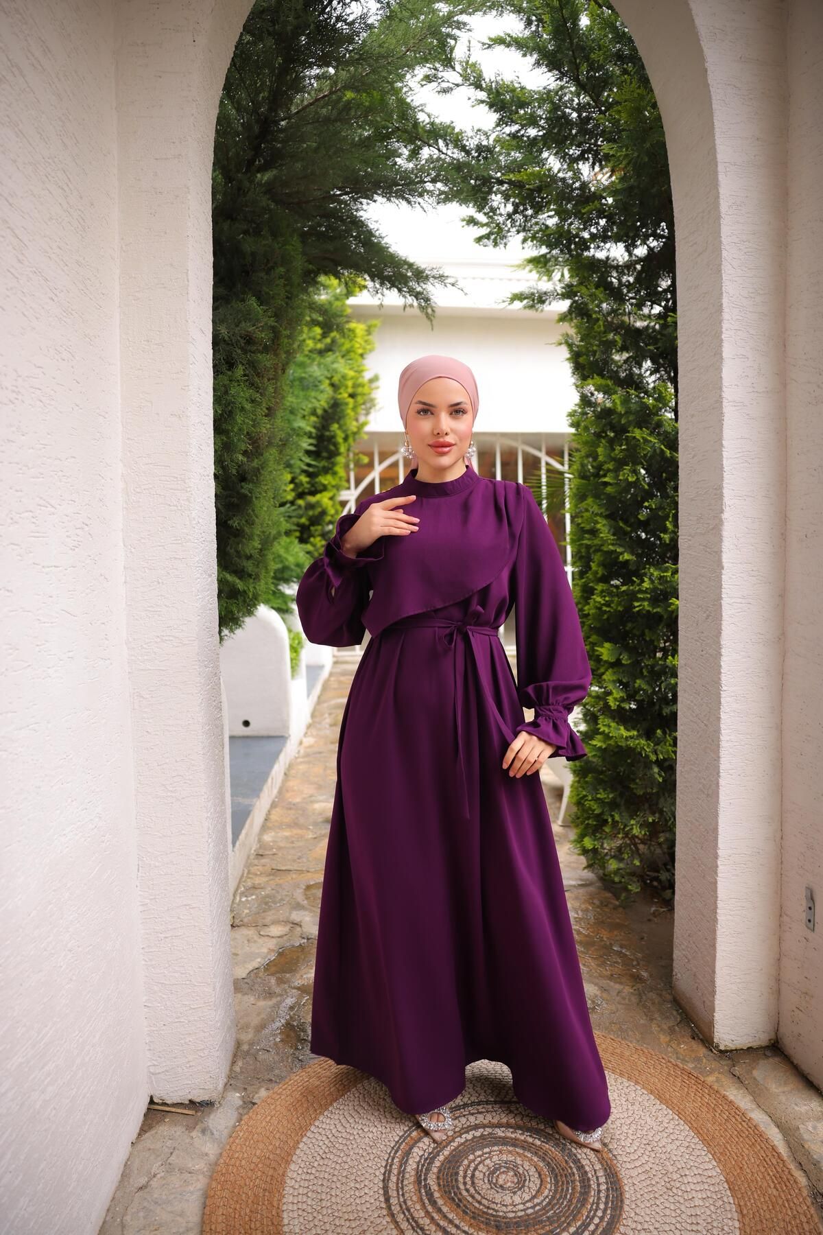 Anvelop Detaylı Krep Elbise 5085 NAVRA | FENDEL - mürdüm