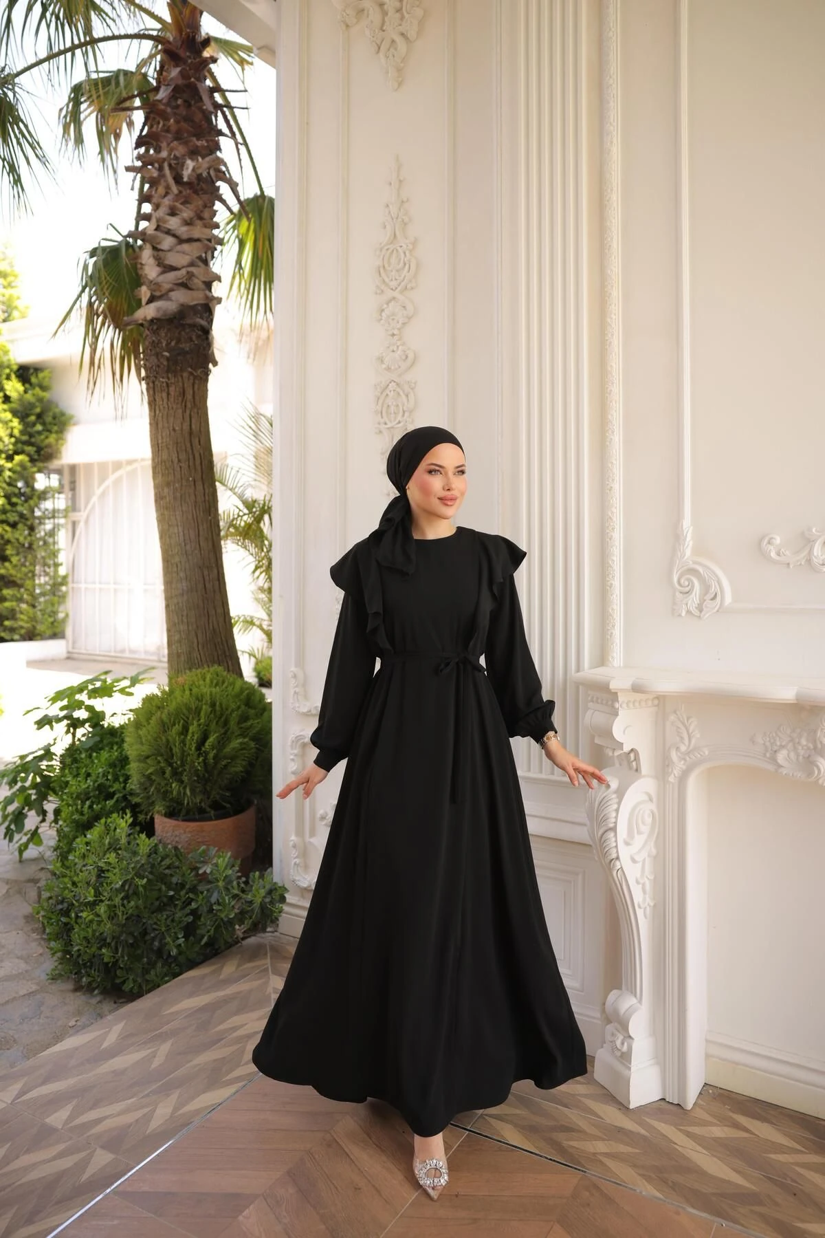 Omuz Volanlı Krep Tesettür Elbise 5090 NAVRA | FENDEL - siyah