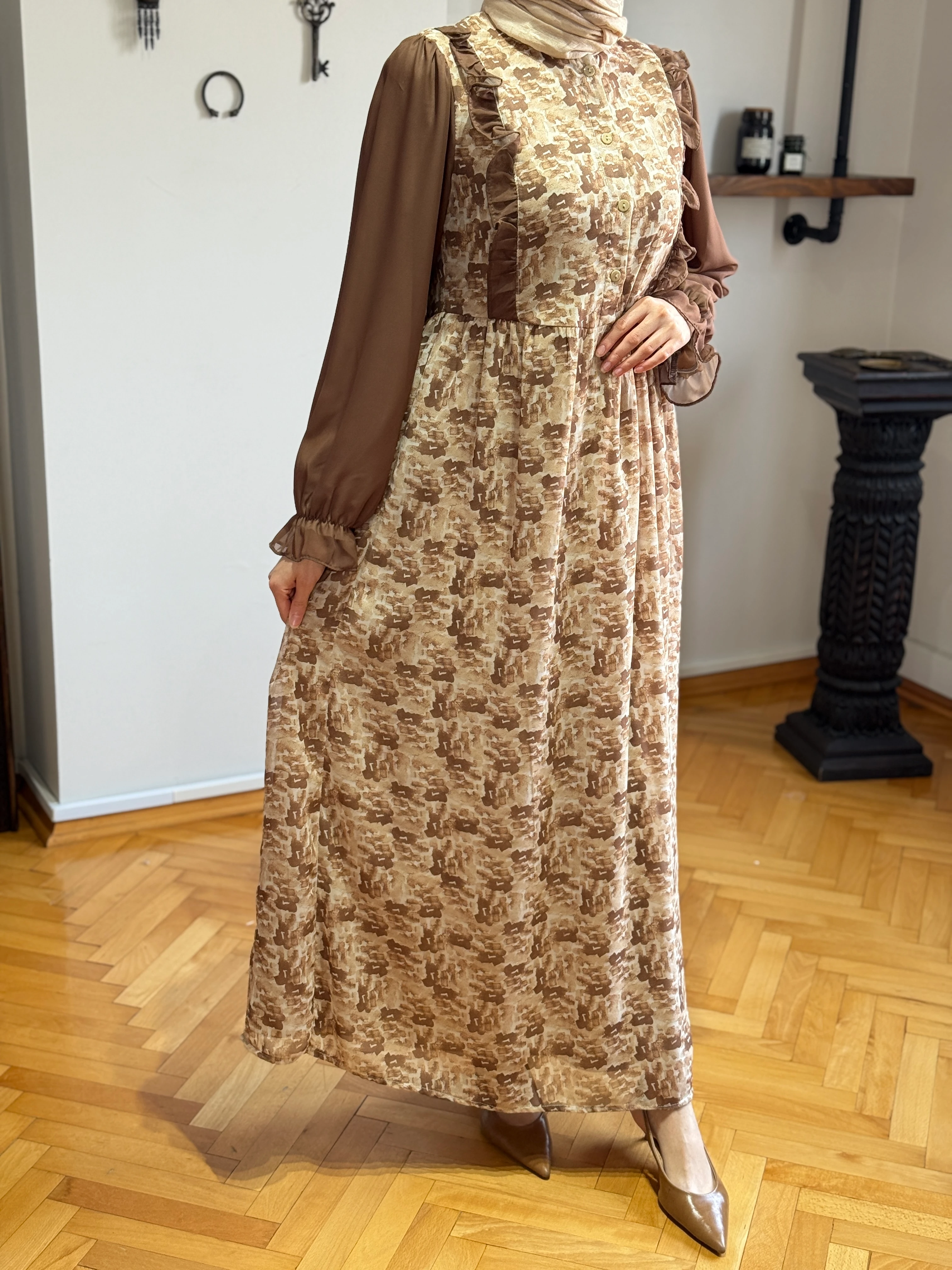 Yarım Pat Desenli Şifon Elbise 1438 NAVRA | FENDEL