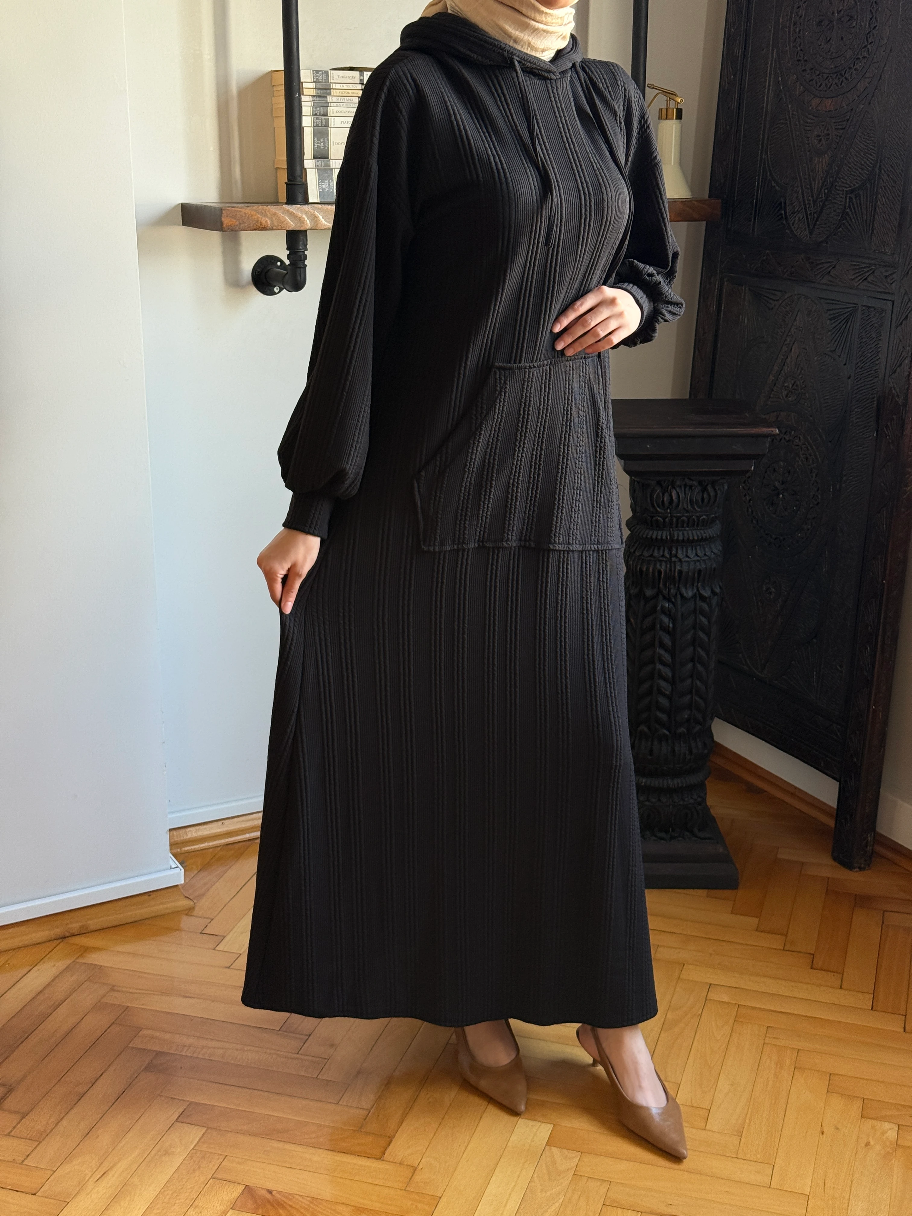 Kapüşonlu Cepli Örme Elbise 2401 NAVRA | FENDEL