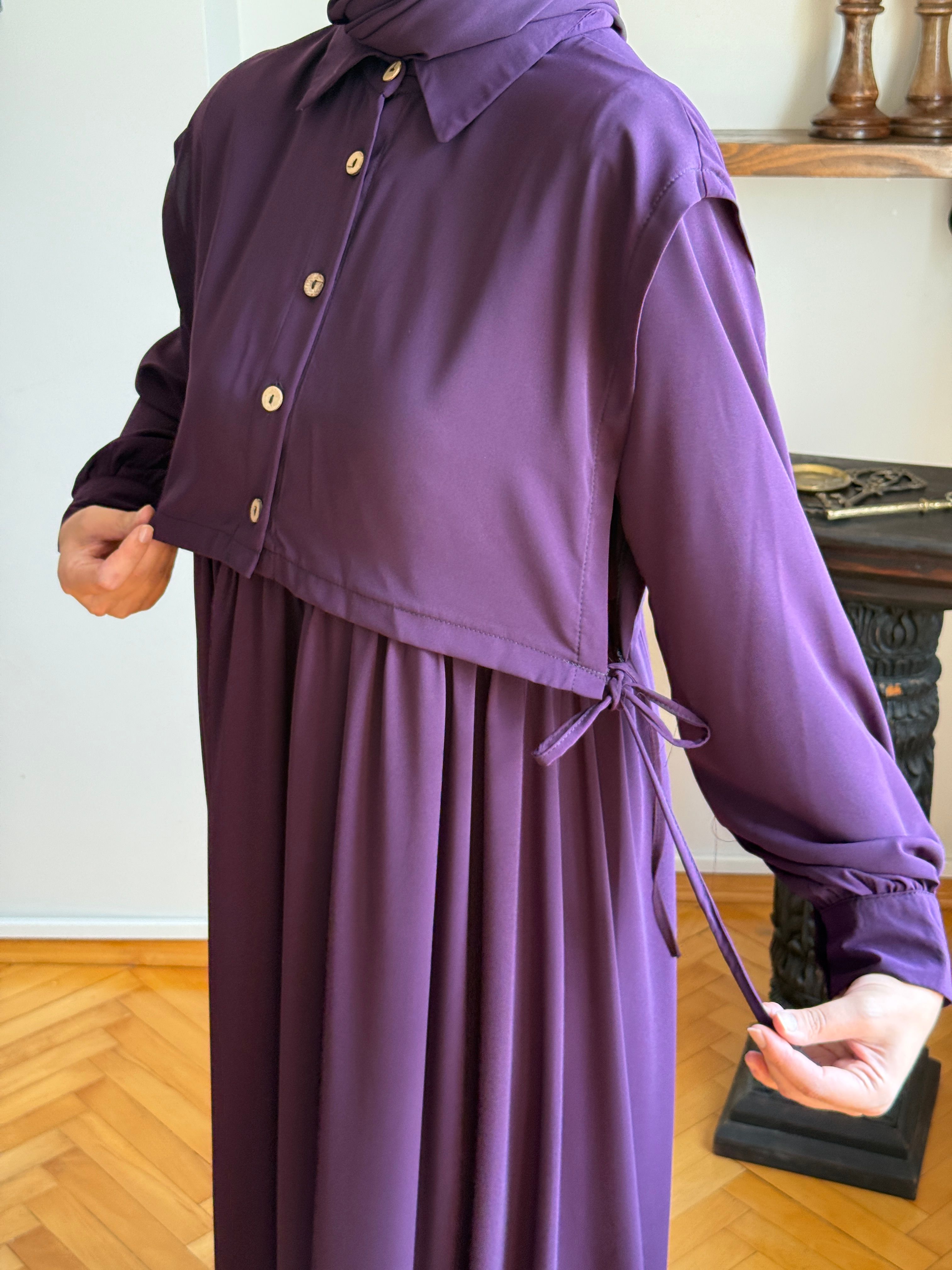 Yelekli Medine Ipeği Elbise 5065 - mürdüm