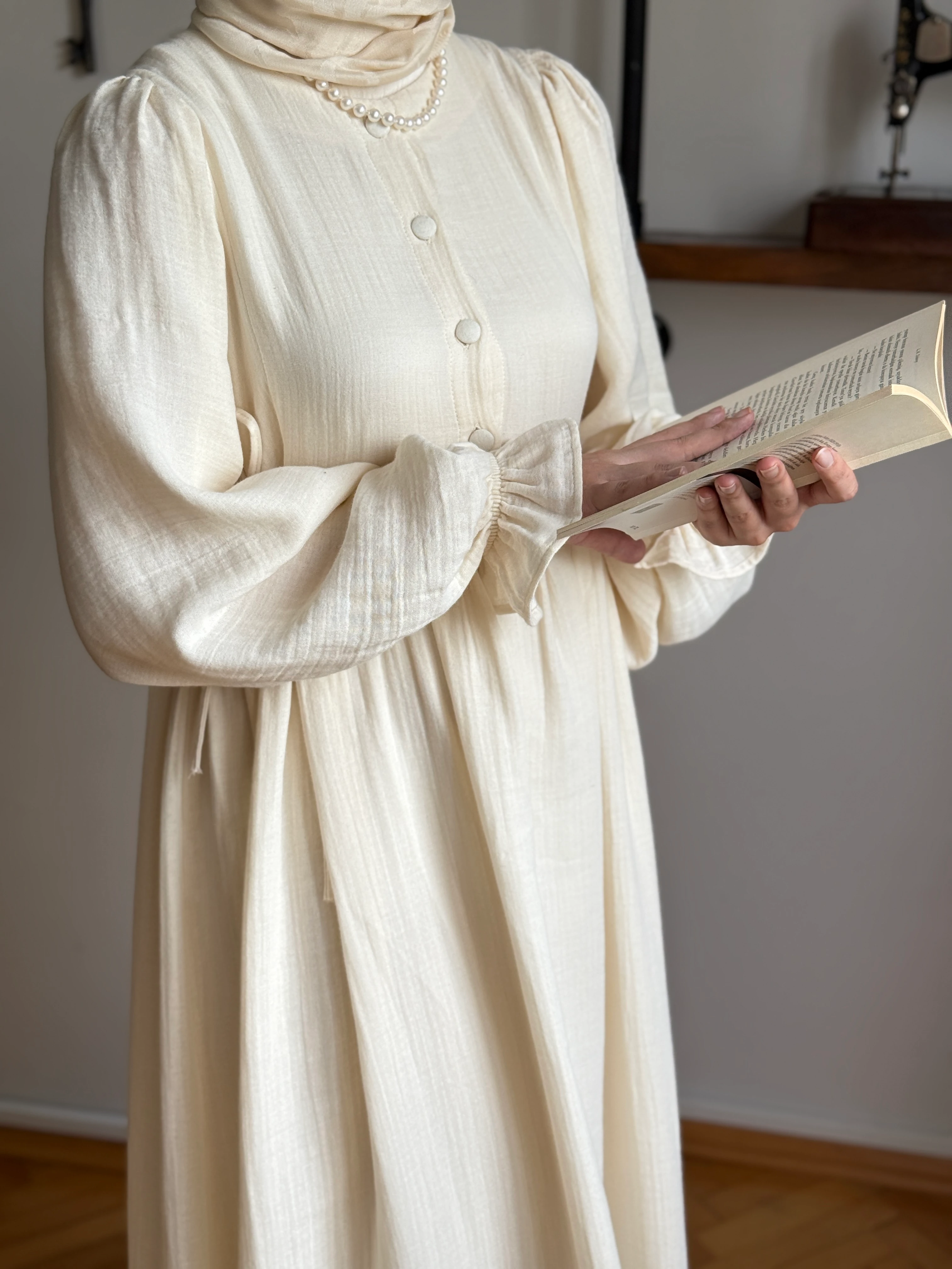 Yarımpat Yandan Bağlamalı Müslin Elbise 1004 NAVRA | FENDEL - bej