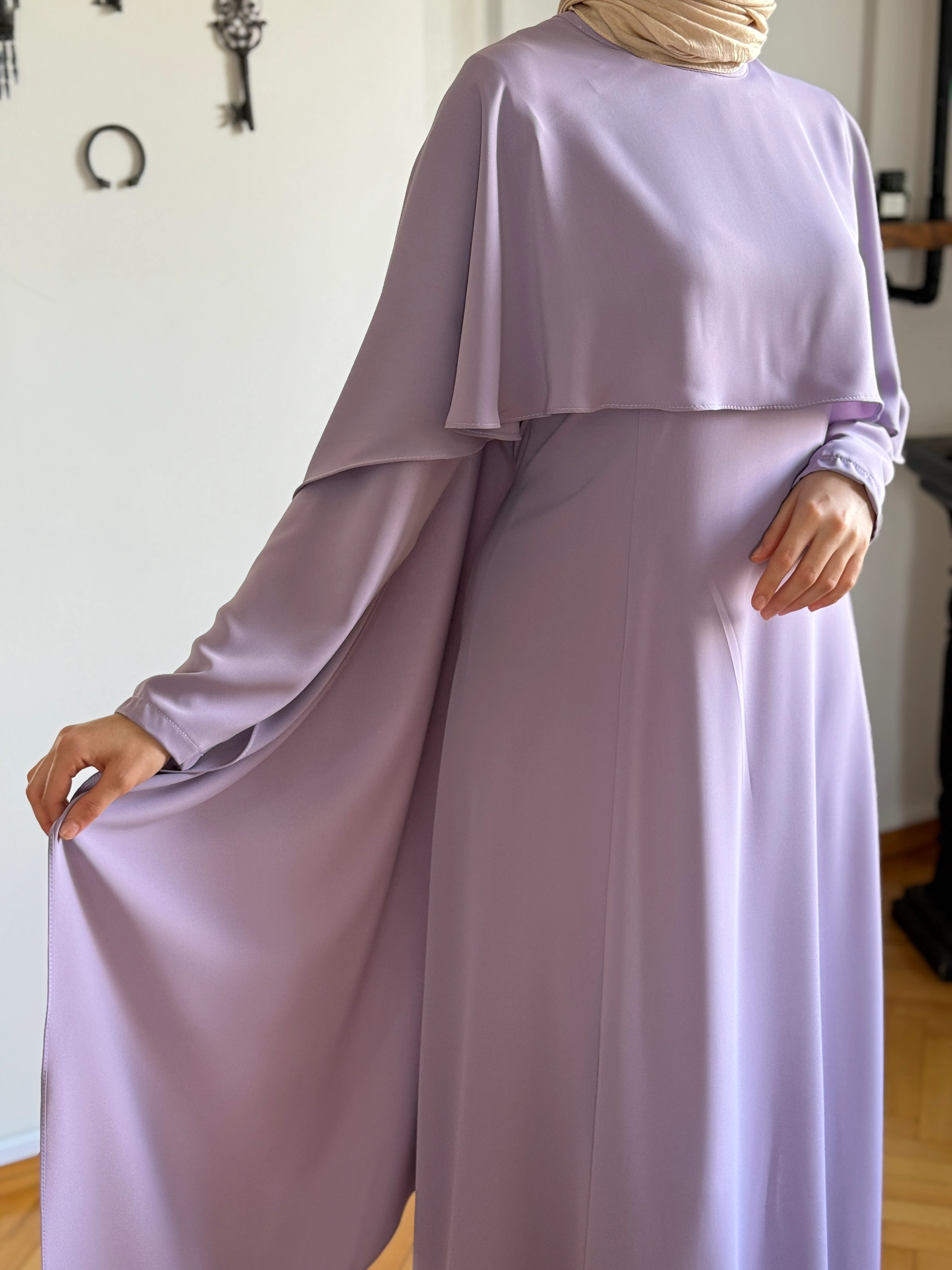 Pelerinli Bel Bağlamalı Elbise 1002 NAVRA | FENDEL - lila