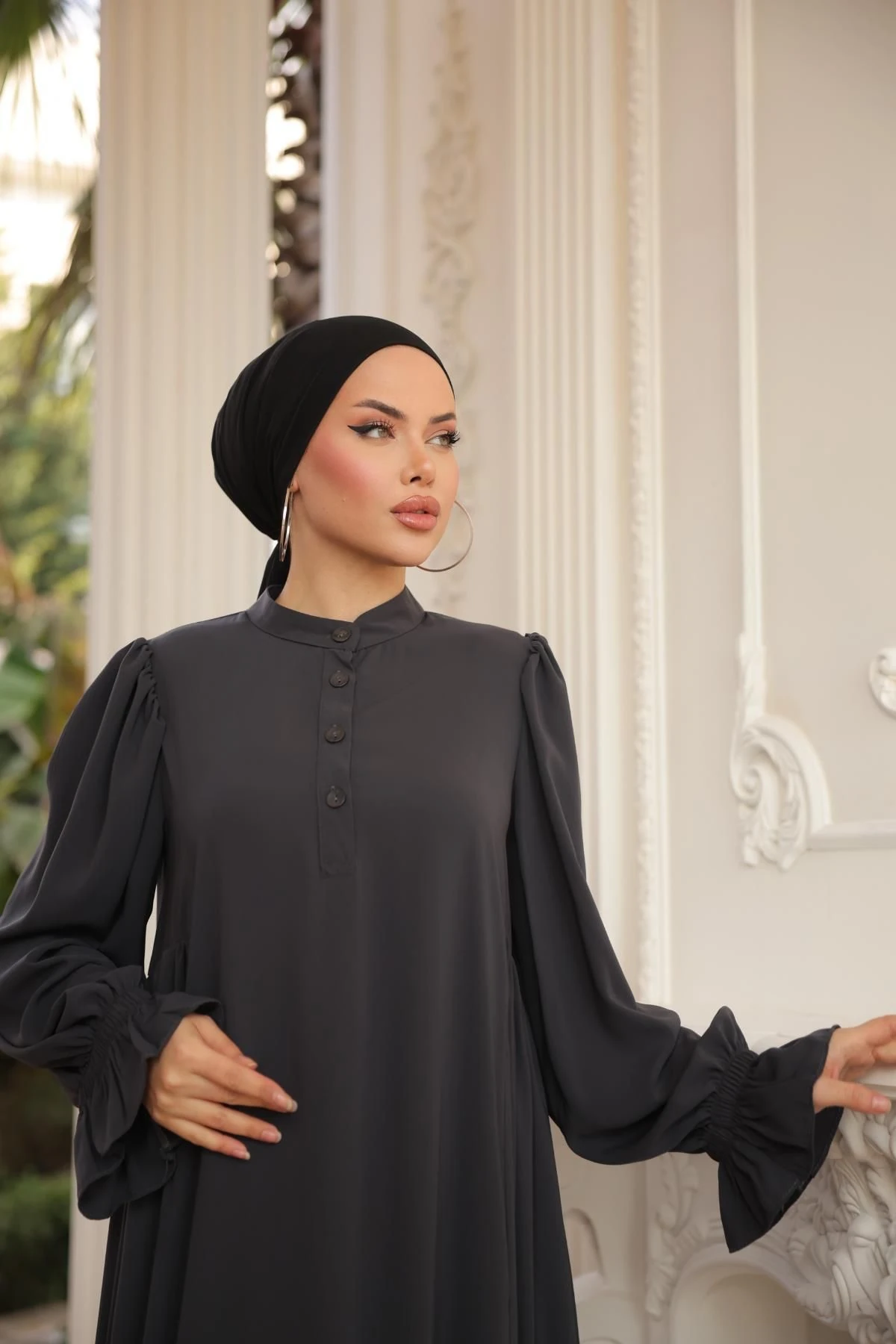 Yarım Pat Yandan Büzgülü Medine İpeği Elbise 5073 NAVRA | FENDEL