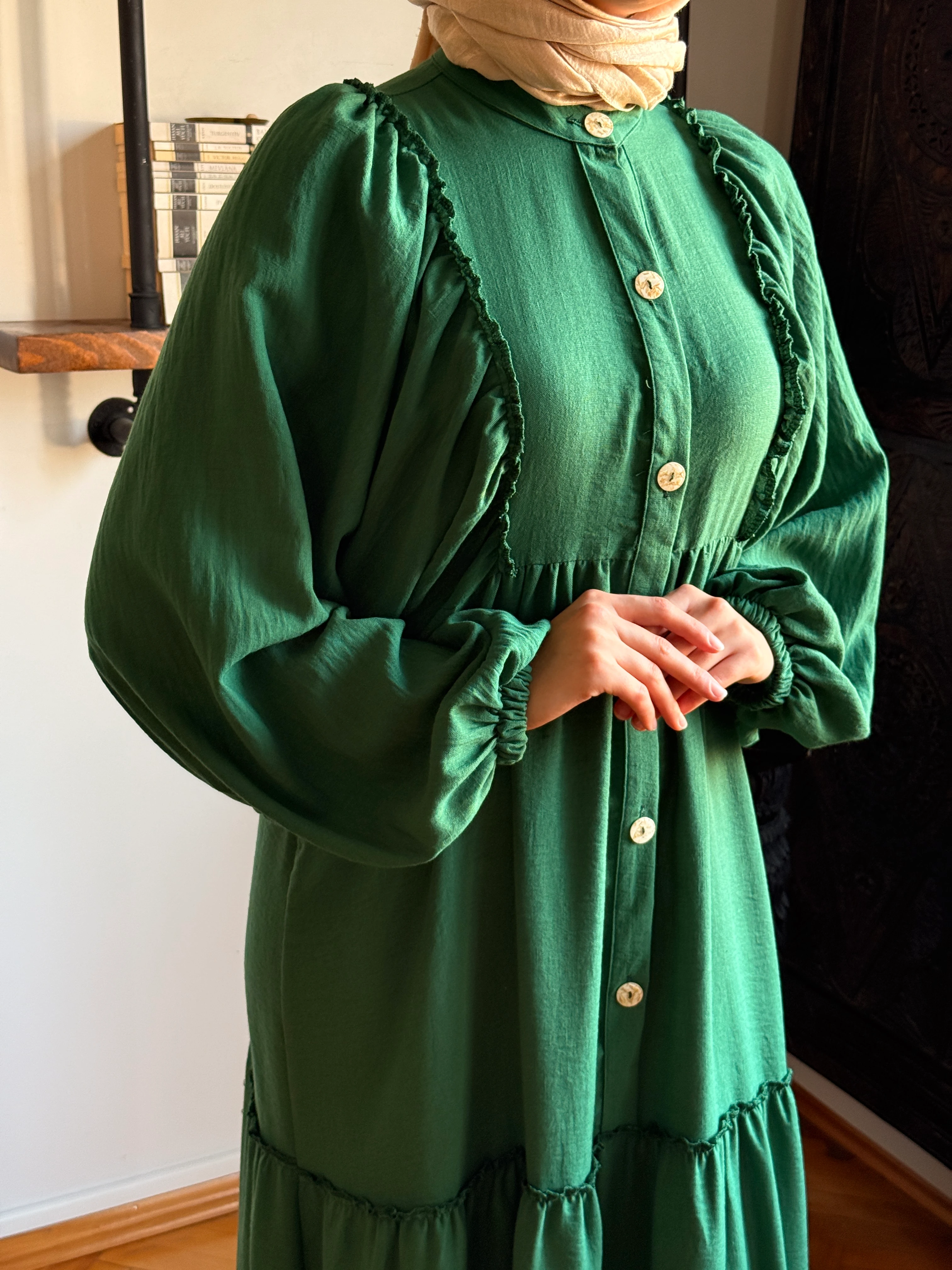 Salaş Büzgülü Keten Elbise 1922 NAVRA | FENDEL - zümrüt yeşili