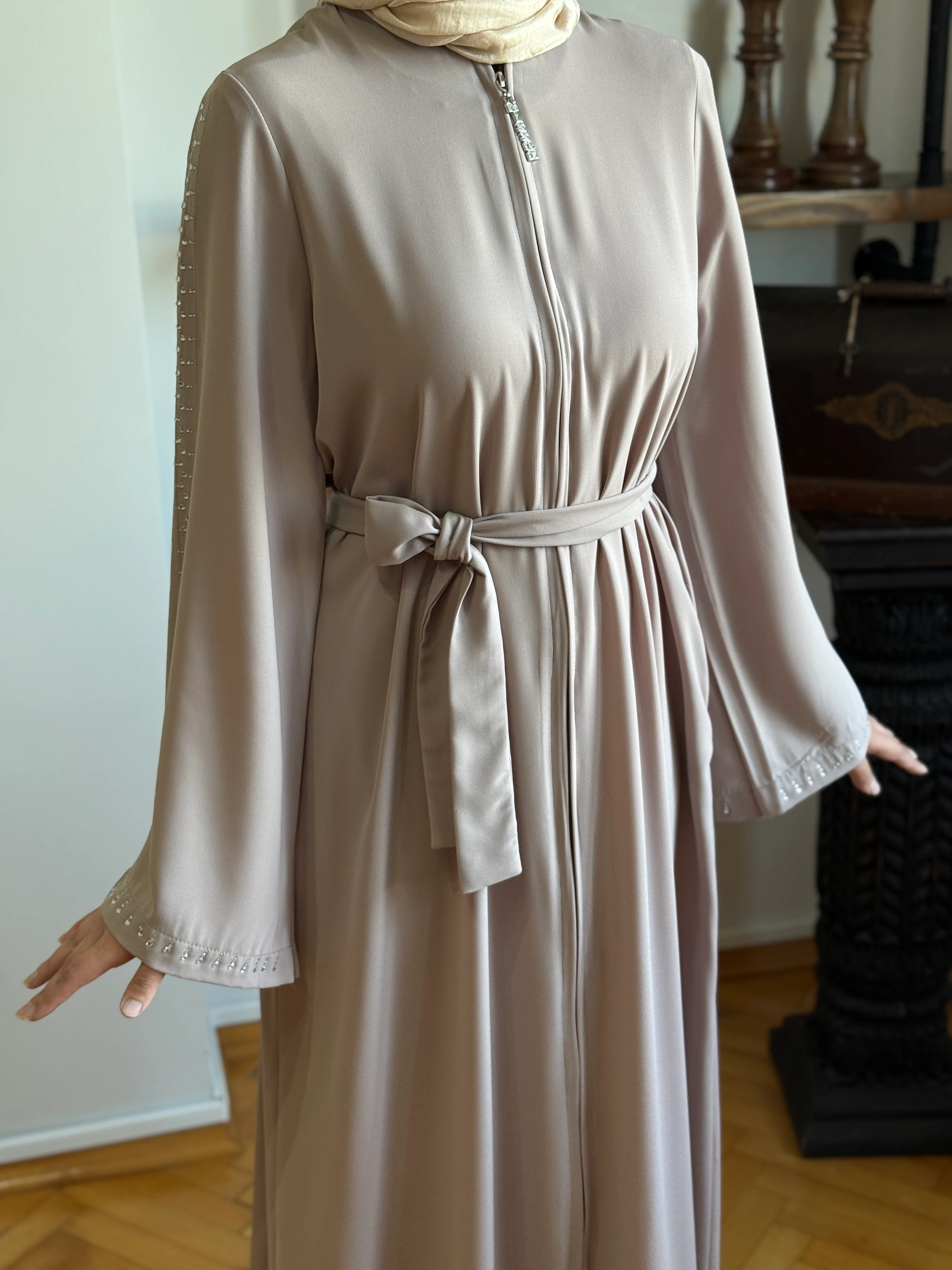 Premium Taşlı Mevlana Ferace 5049 NAVRA | FENDEL - açık bej