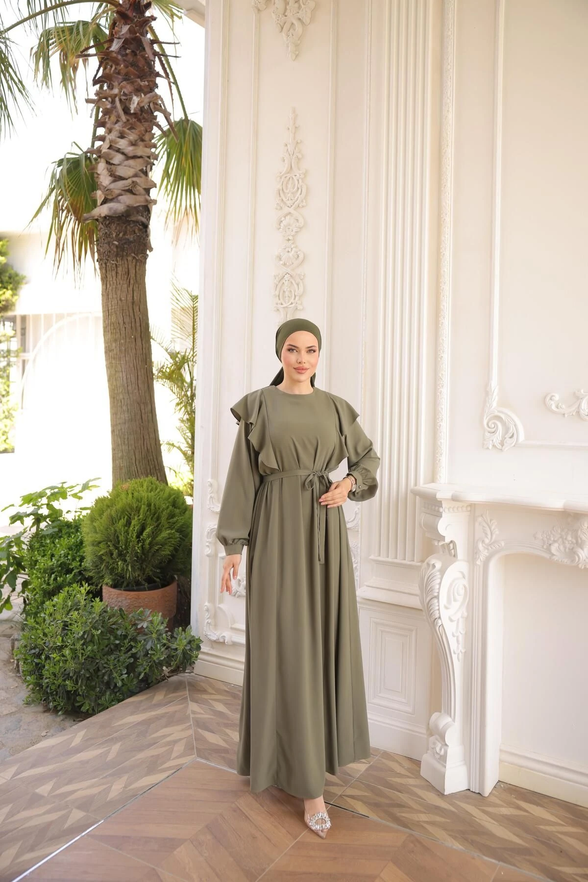 Omuz Volanlı Krep Tesettür Elbise 5090 NAVRA | FENDEL - mint