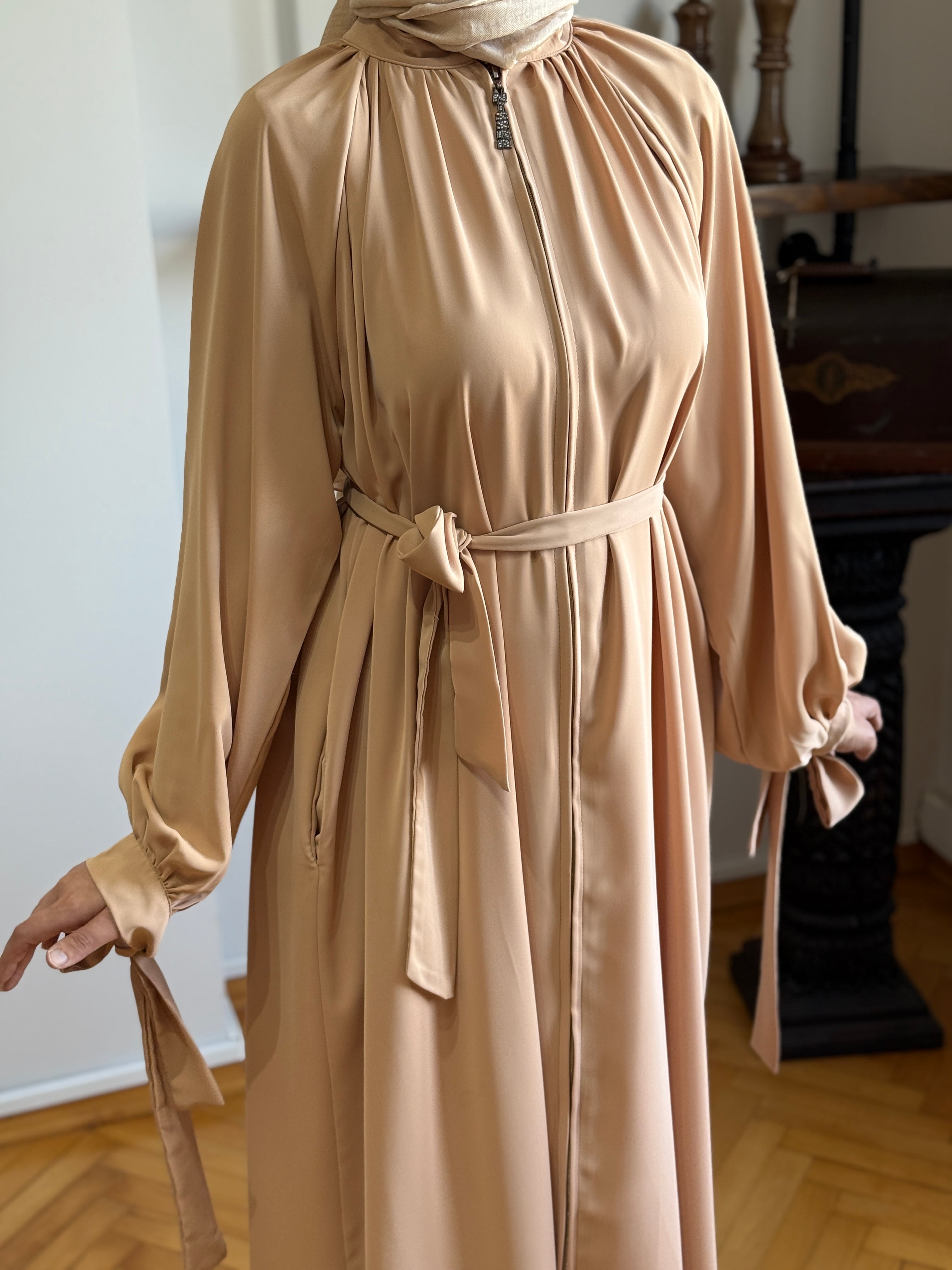 Hakim Yaka Büzgülü Reglan Ferace 5035 - camel
