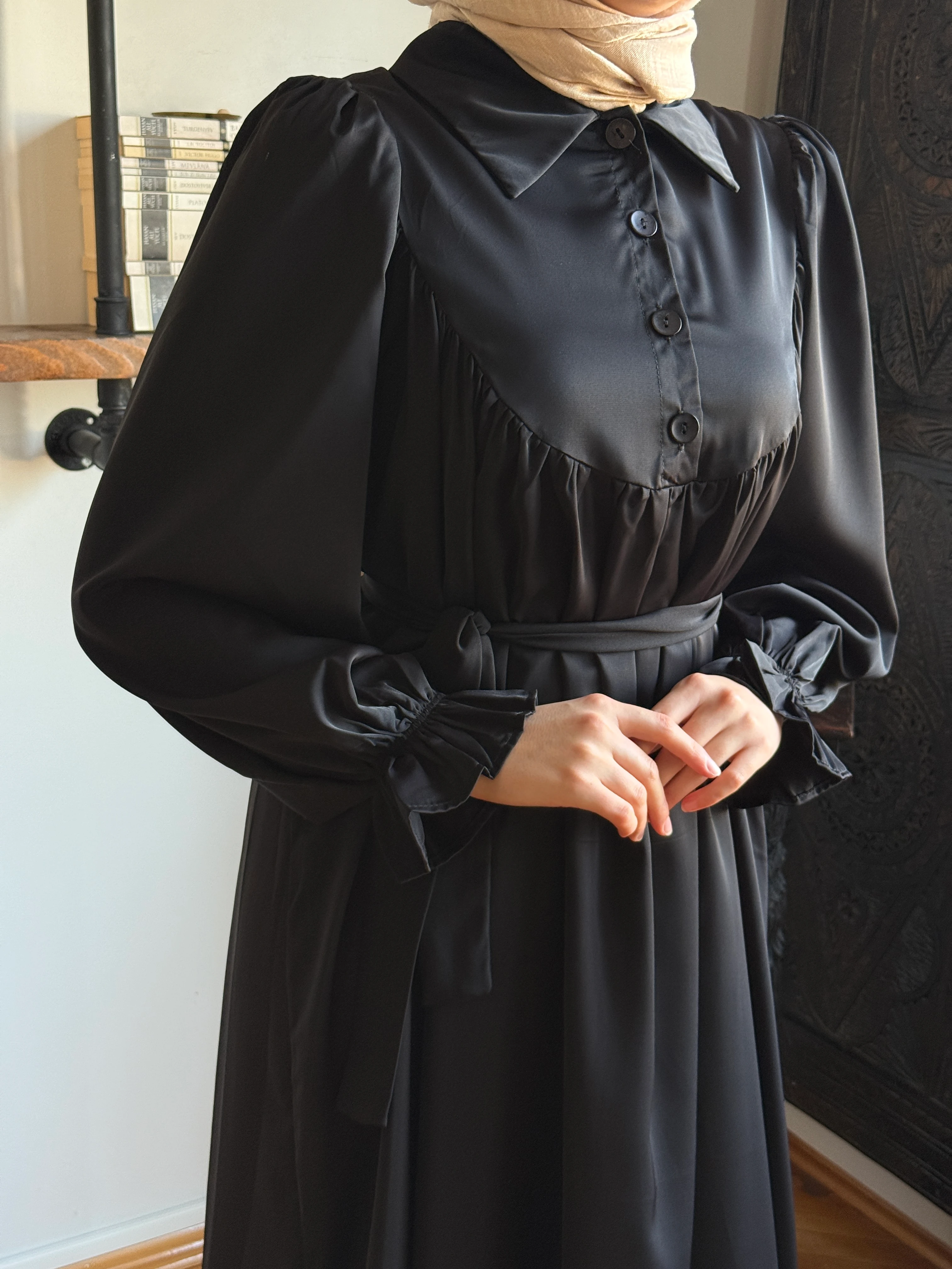 Gömlek Yaka Yarım Pat Dubai İpeği Elbise 1926 NAVRA | FENDEL - siyah