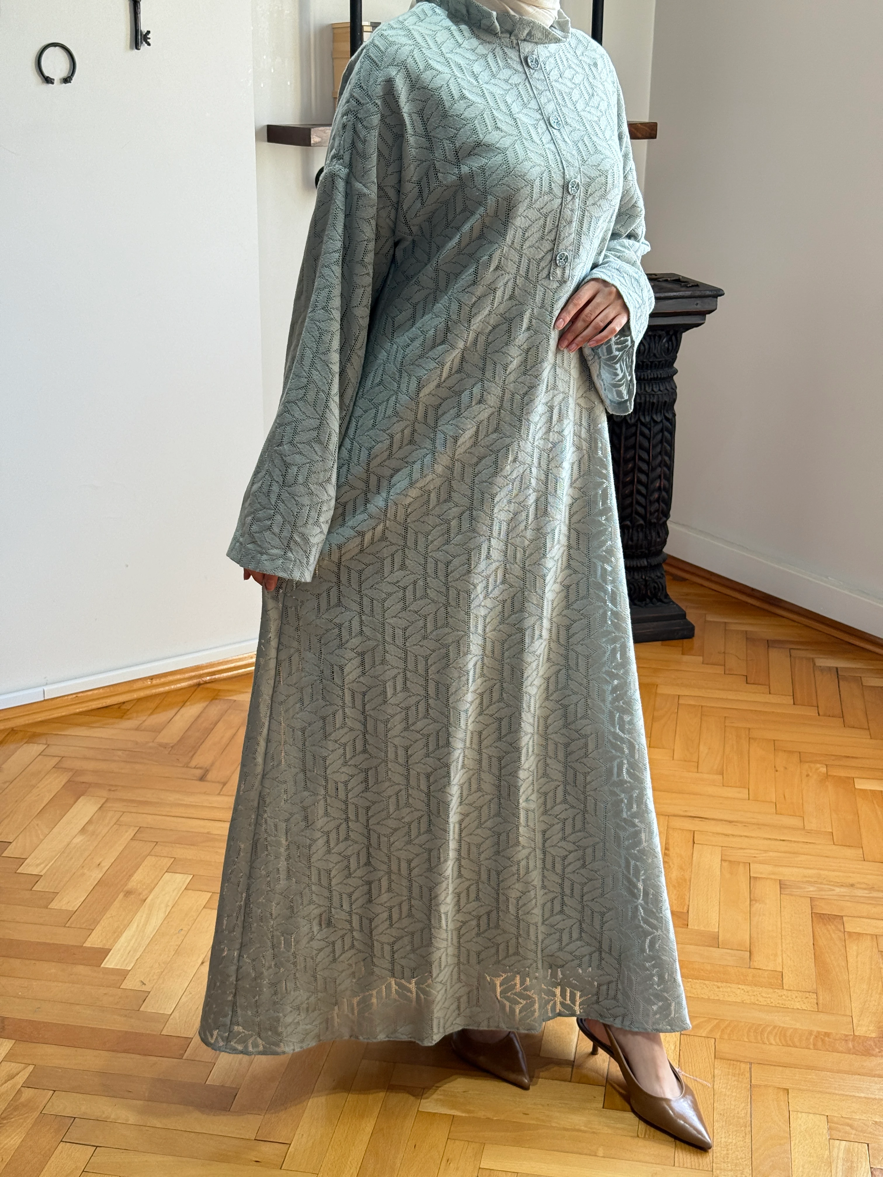 Yaka Büzgülü Abaya Kol Astarlı Dantel Elbise 2426 NAVRA | FENDEL