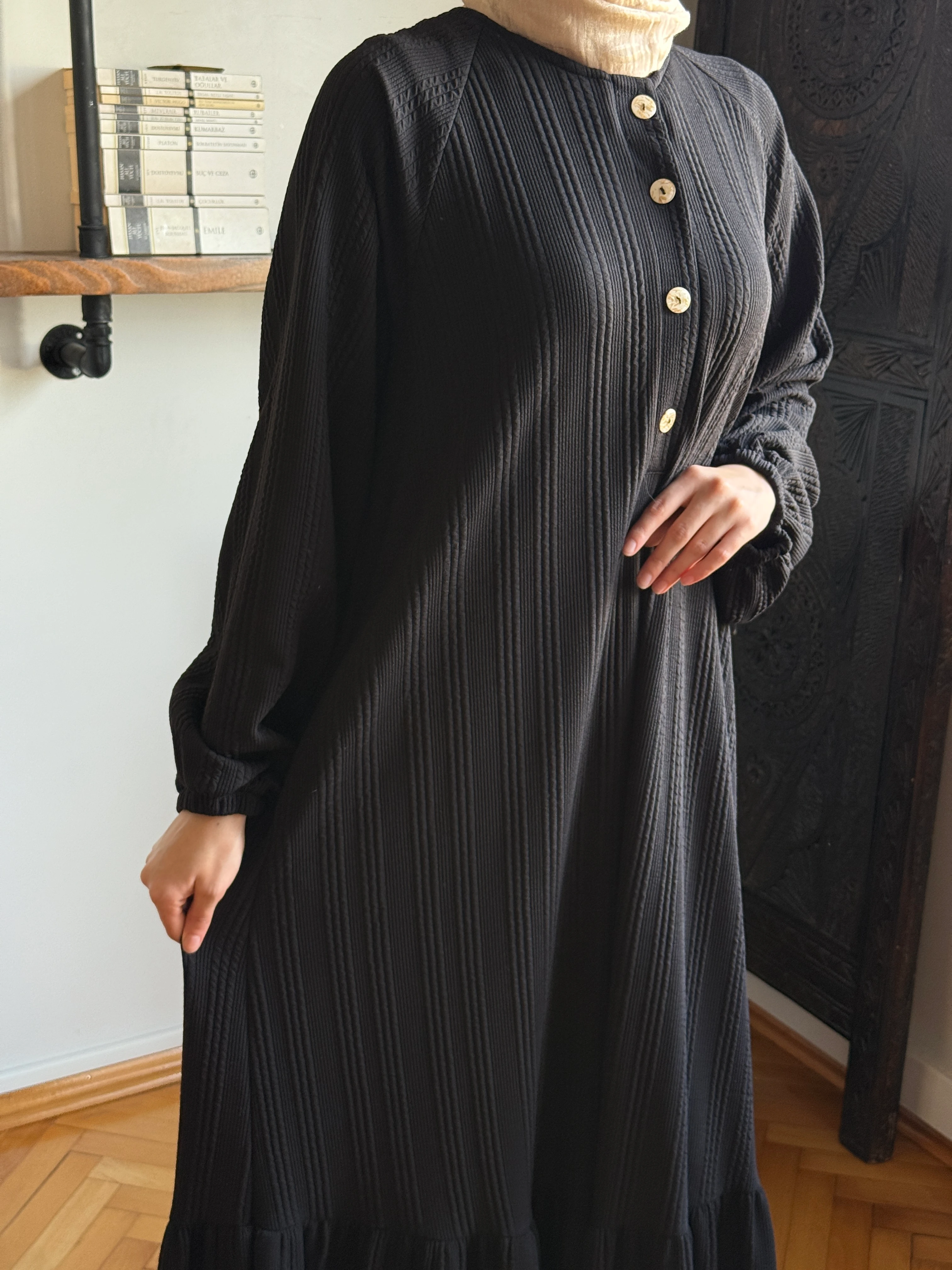 Reglan Kol Yarım Pat Eteği büzgülü Örme Elbise 2416 NAVRA | FENDEL