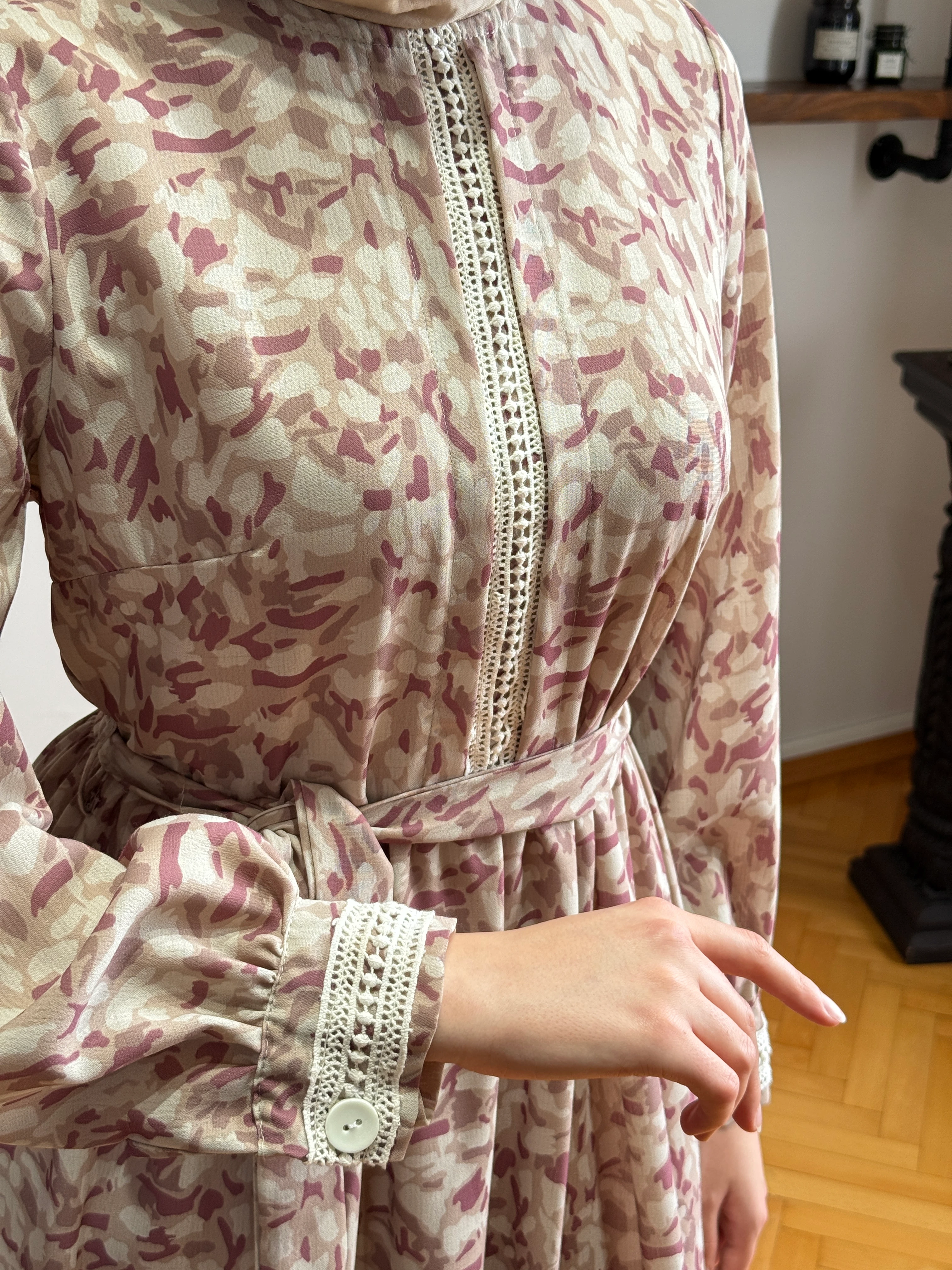 Dantel Detaylı Desenli Keten Elbise 1409 NAVRA | FENDEL