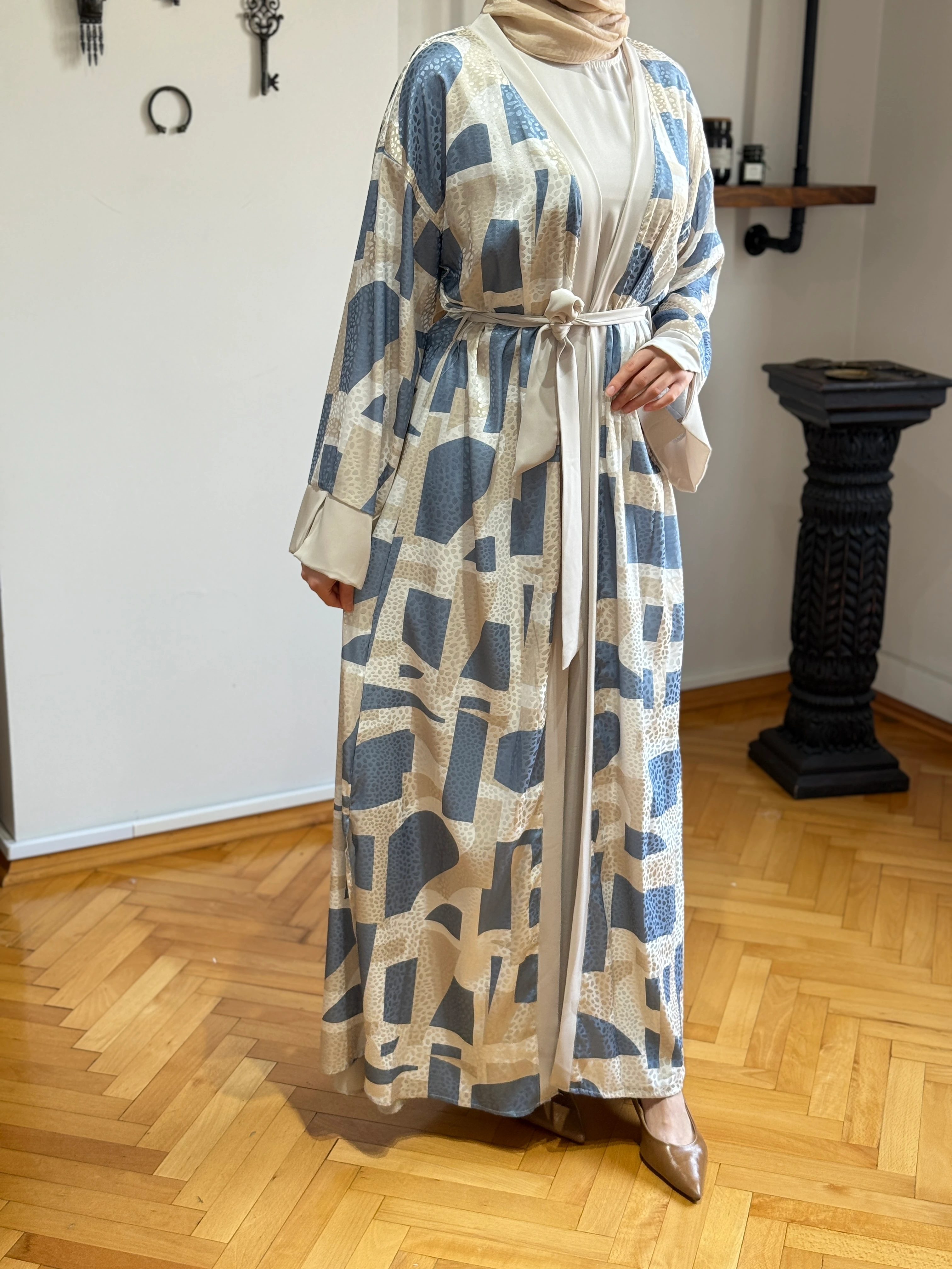 Desenli Saten 2'li Abaya 1875 NAVRA | FENDEL