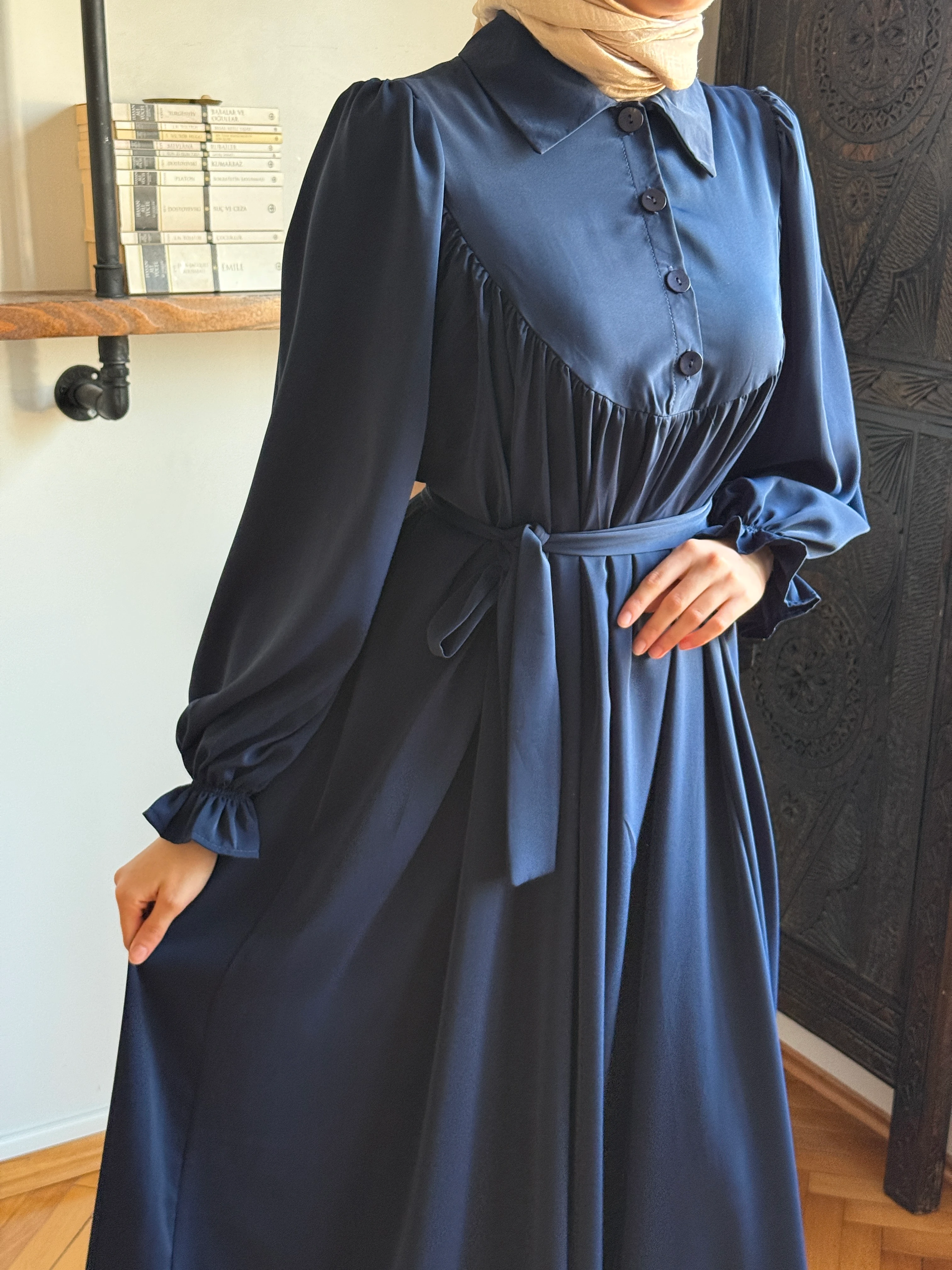 Gömlek Yaka Yarım Pat Dubai İpeği Elbise 1926 NAVRA | FENDEL - lacivert
