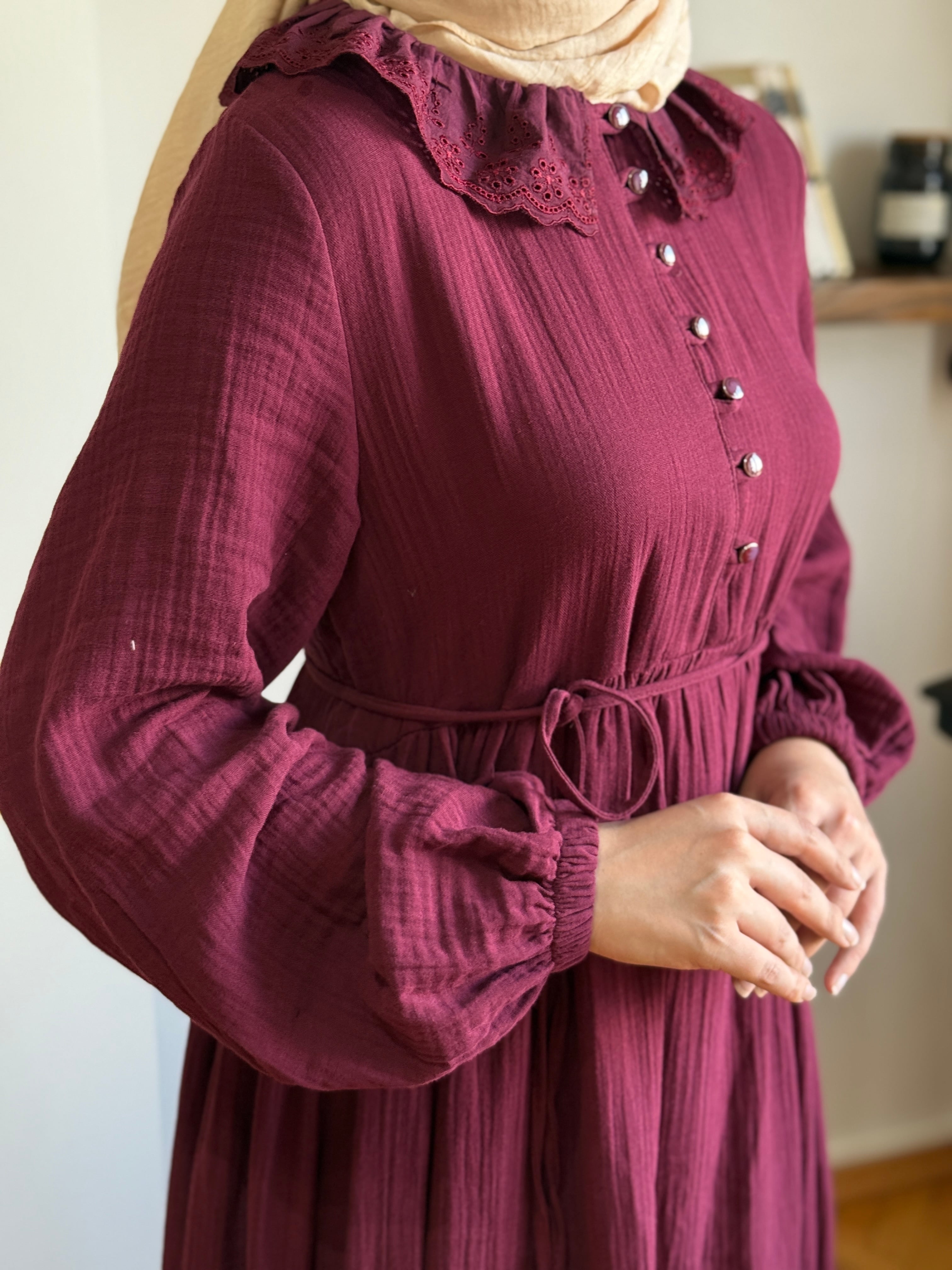 Dantel Detaylı Müslin Elbise 1003 - bordo