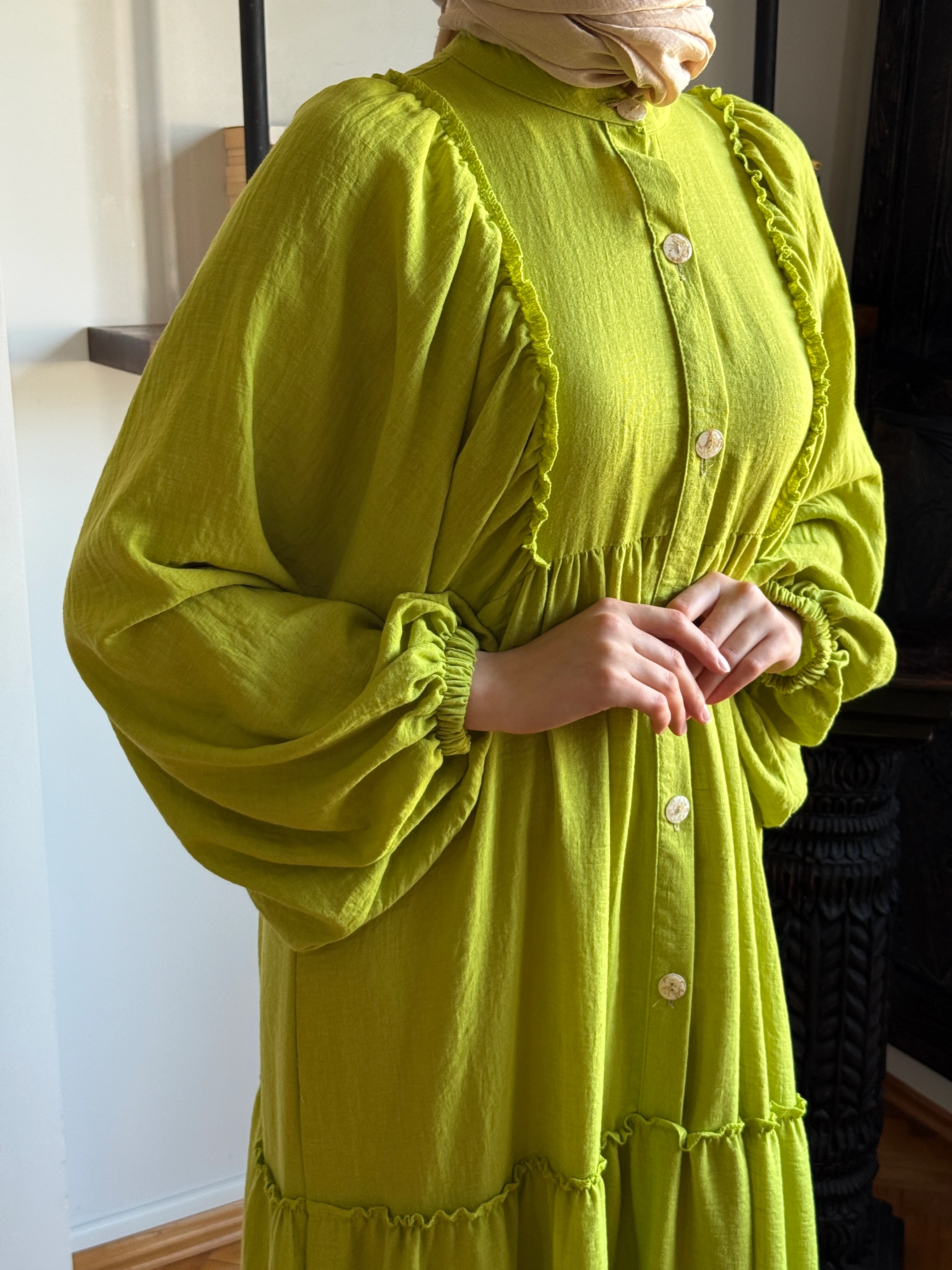 Salaş Büzgülü Keten Elbise 1922 NAVRA | FENDEL - yağ yeşili