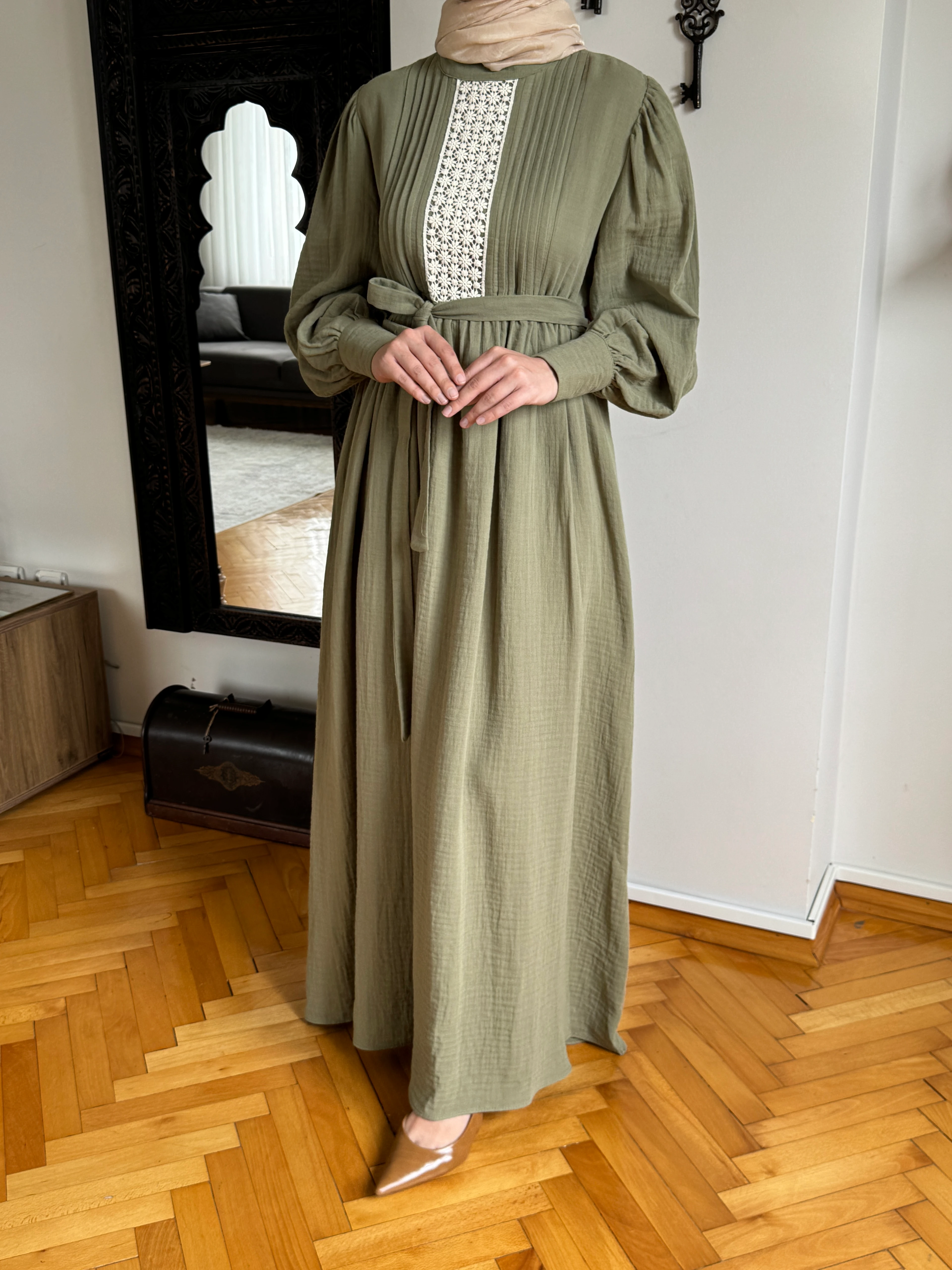 Dantel ve Nervürlü Müslin Elbise 5087 NAVRA | FENDEL