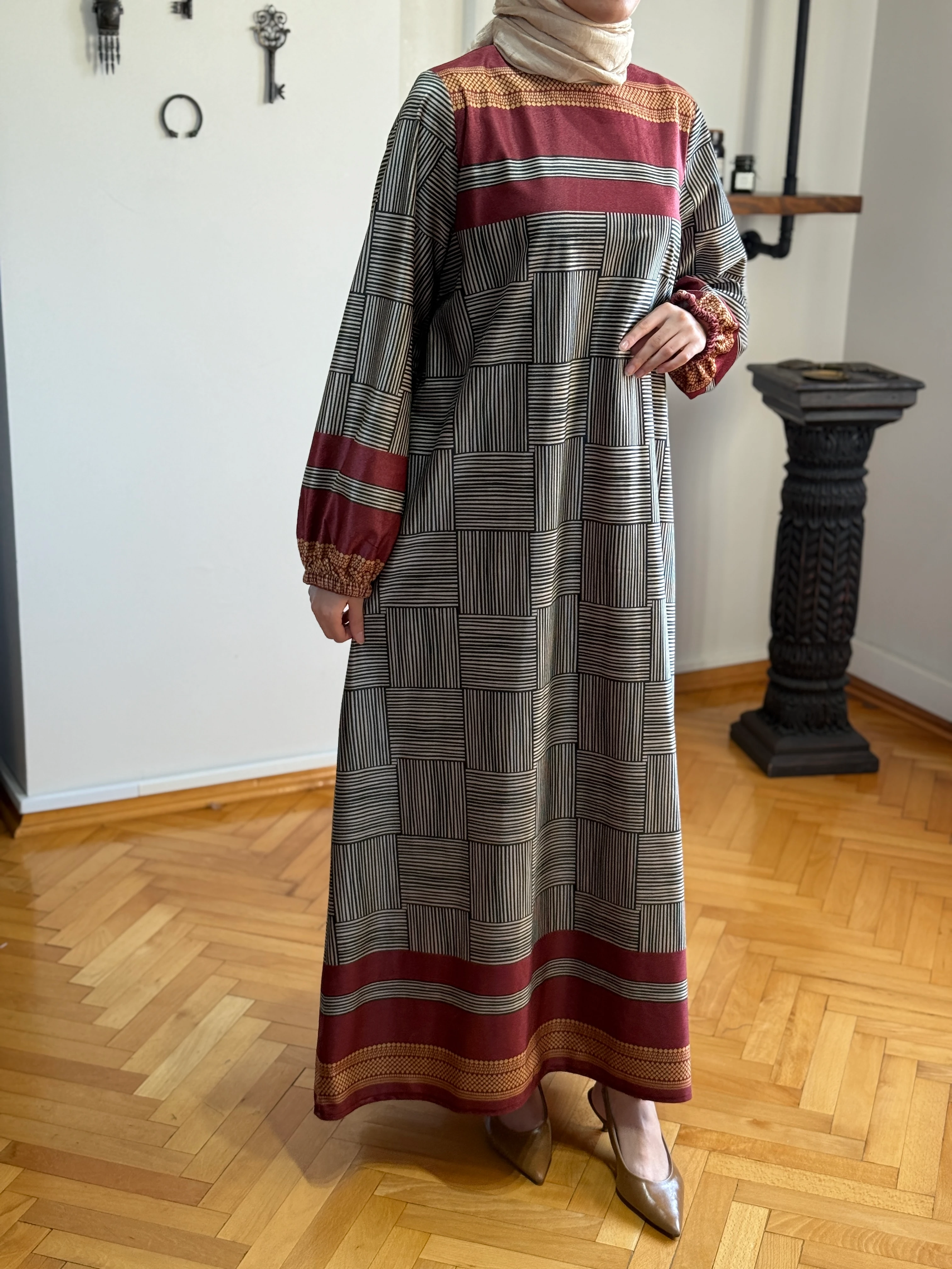 Dama Desen Çizgili Kadife Elbise 2302 NAVRA | FENDEL