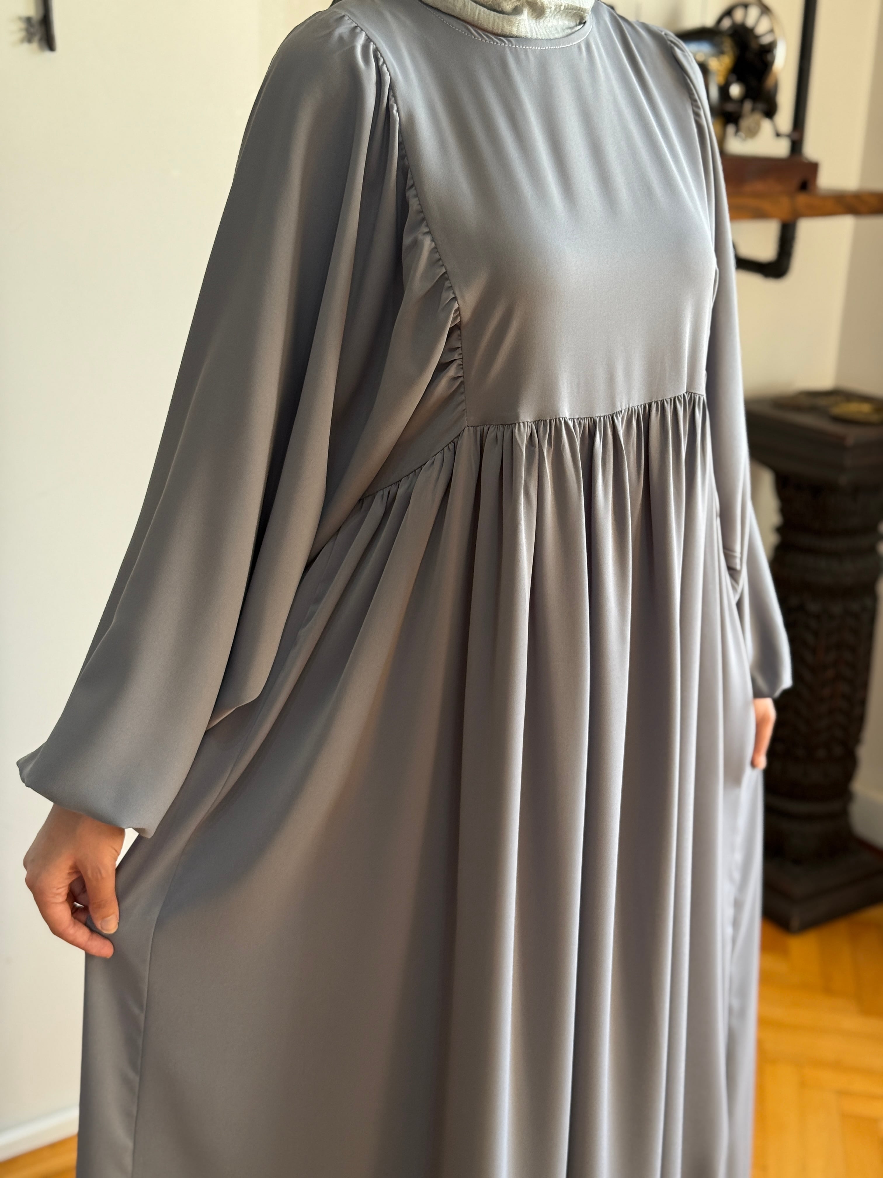 Balon Kollu Oversize Elbise 5096 - gri