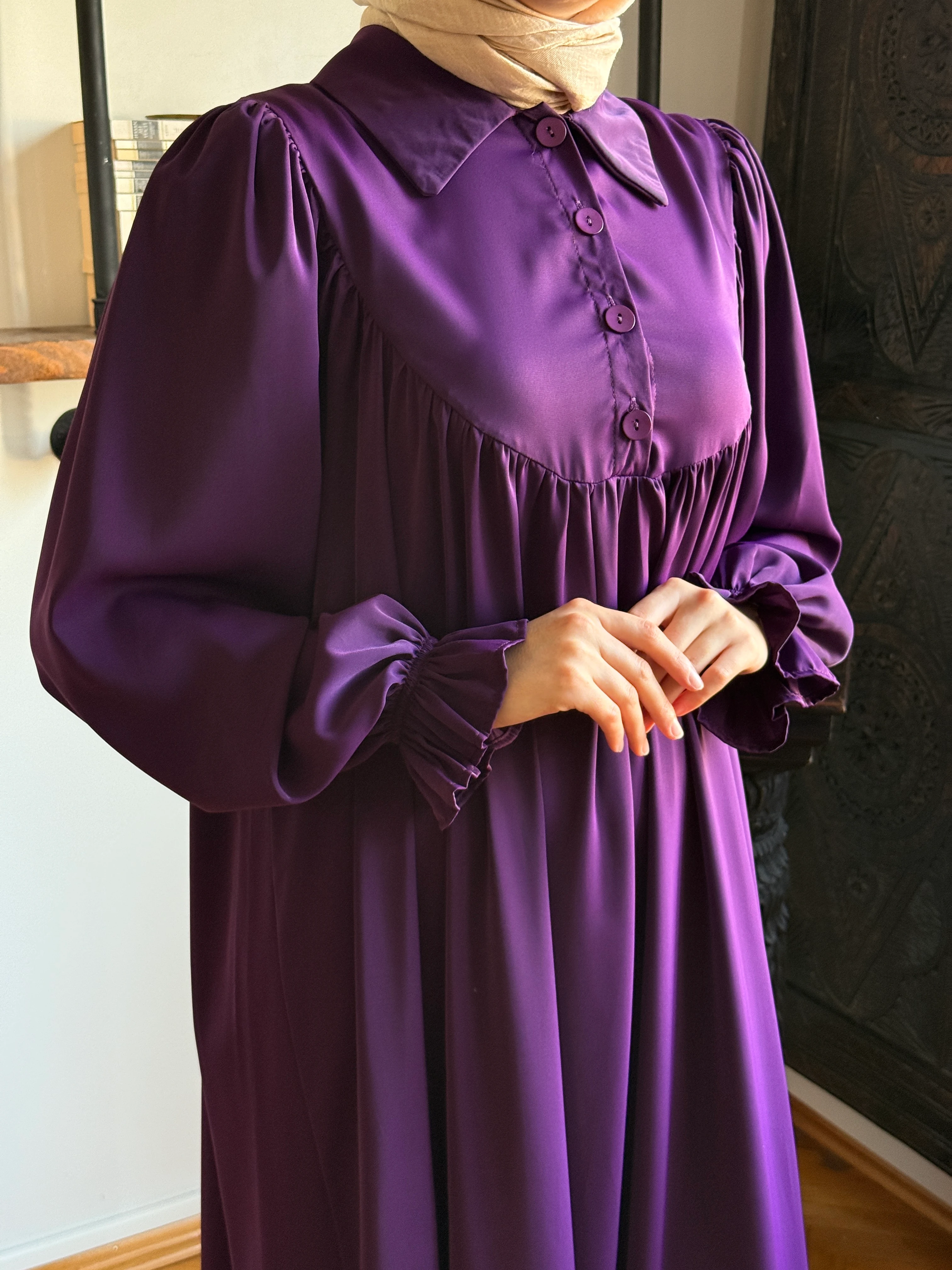 Gömlek Yaka Yarım Pat Dubai İpeği Elbise 1926 NAVRA | FENDEL