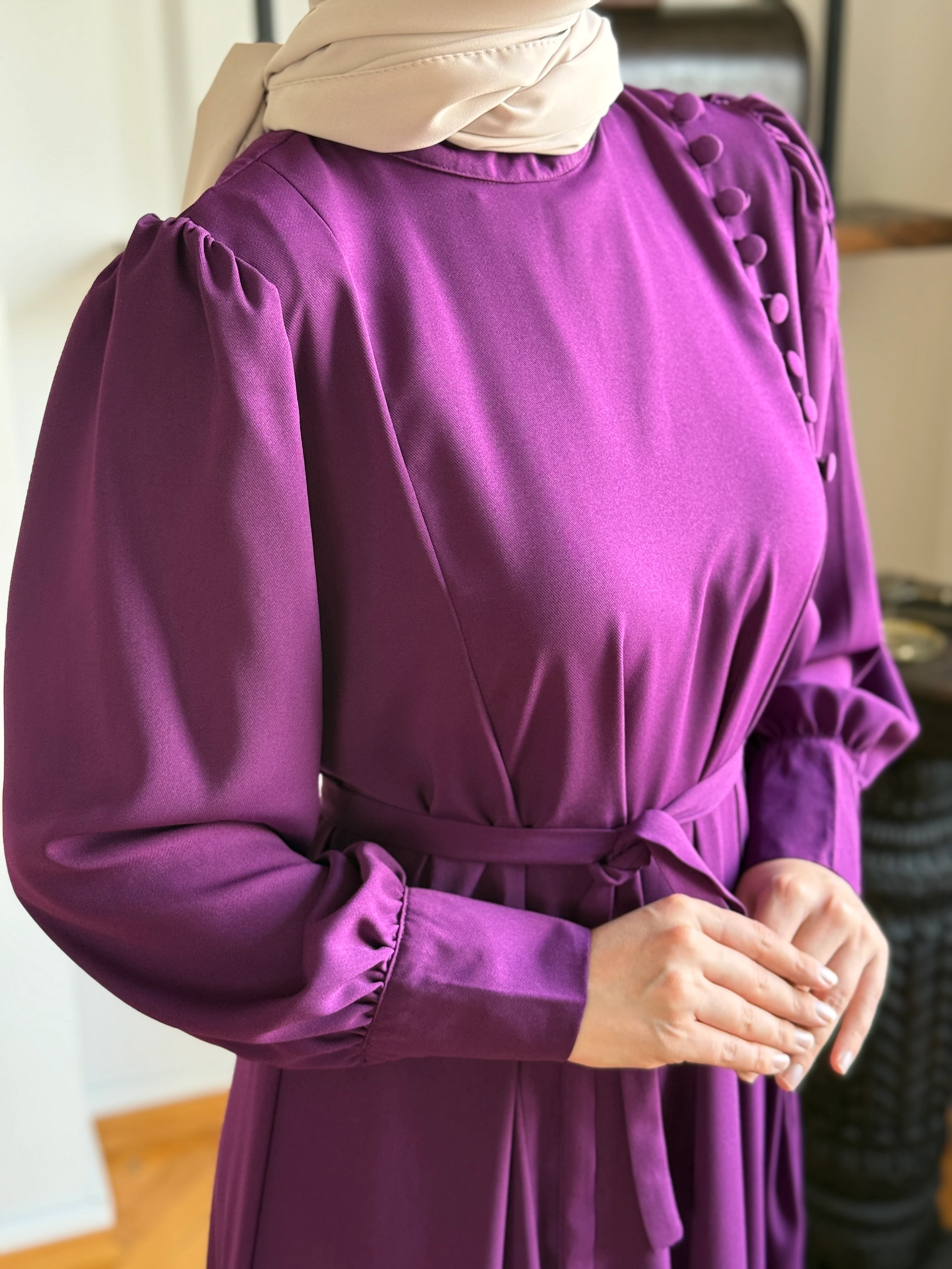 Yandan Kaplama Düğmeli Krep Elbise 5086 NAVRA | FENDEL - mürdüm