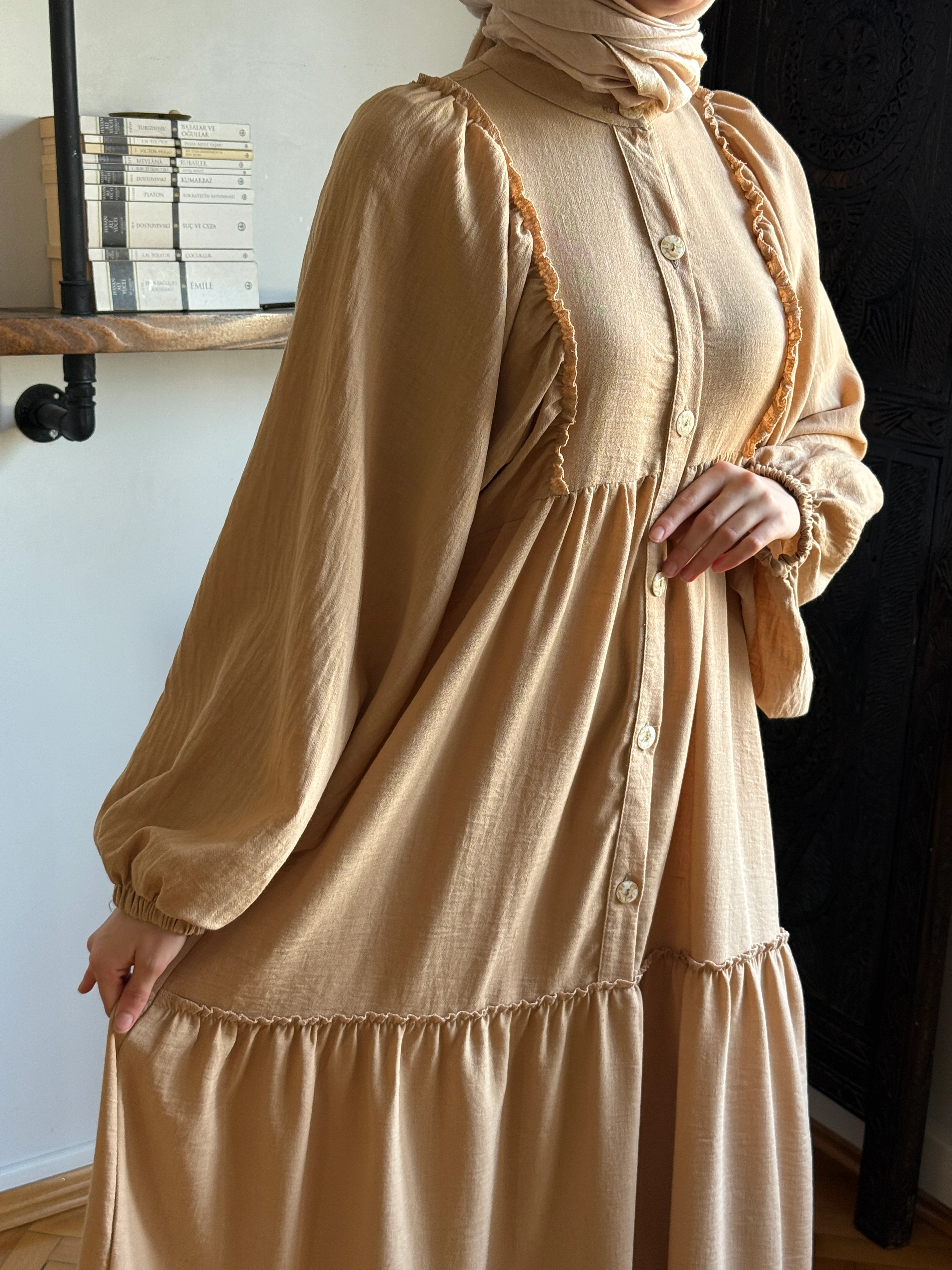 Salaş Büzgülü Keten Elbise 1922 NAVRA | FENDEL - camel