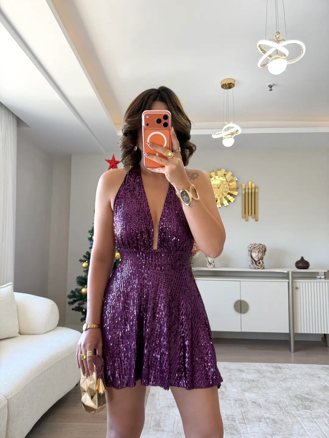 Nova Halter Yaka Payet Elbise  - MOR