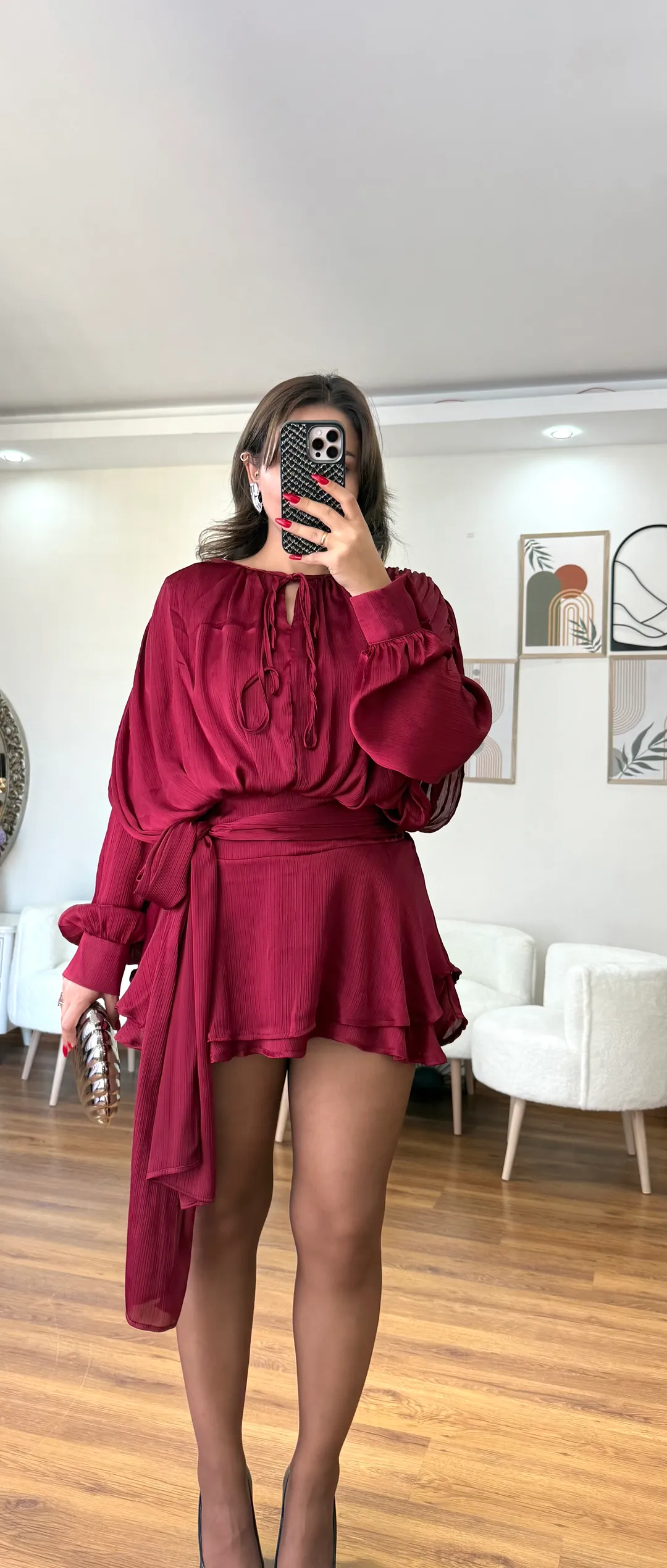 İçi Şortlu Parlak Elbise  - BORDO