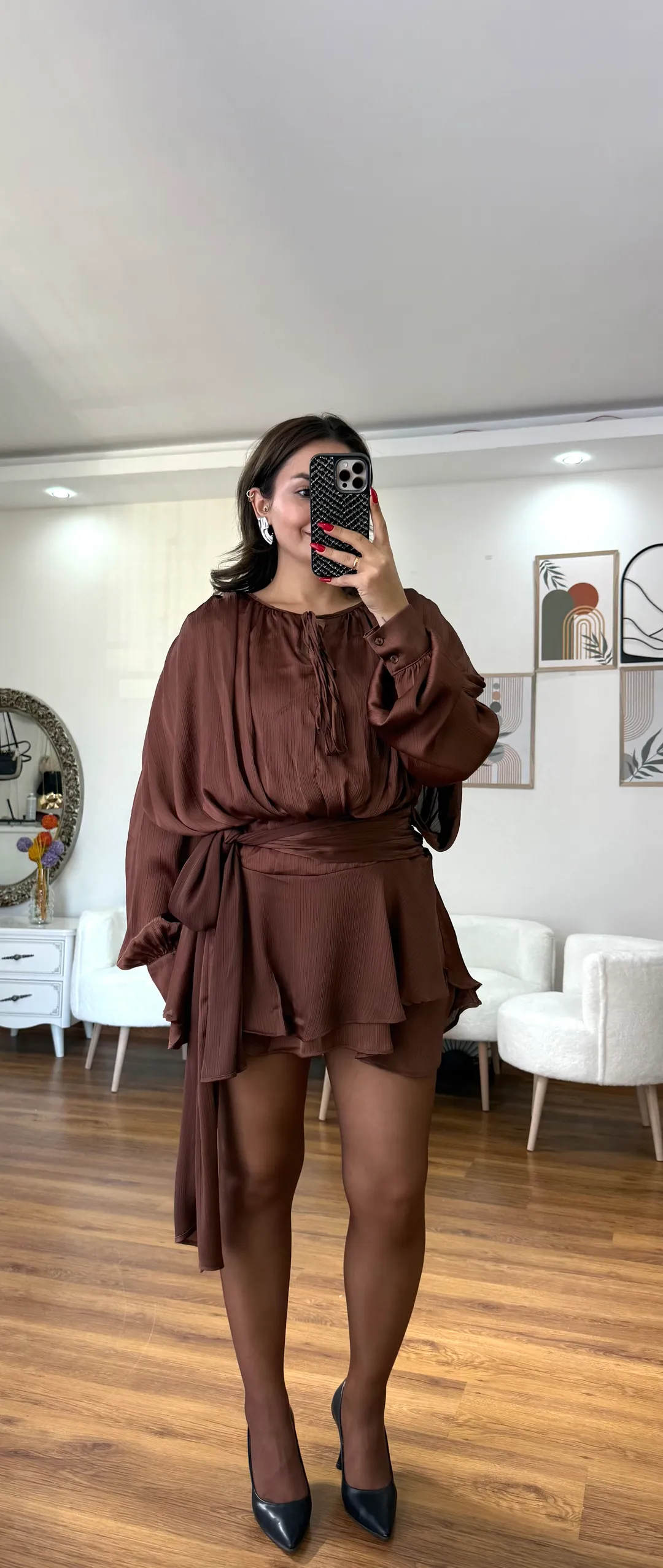 İçi Şortlu Parlak Elbise  - ACI KAHVE