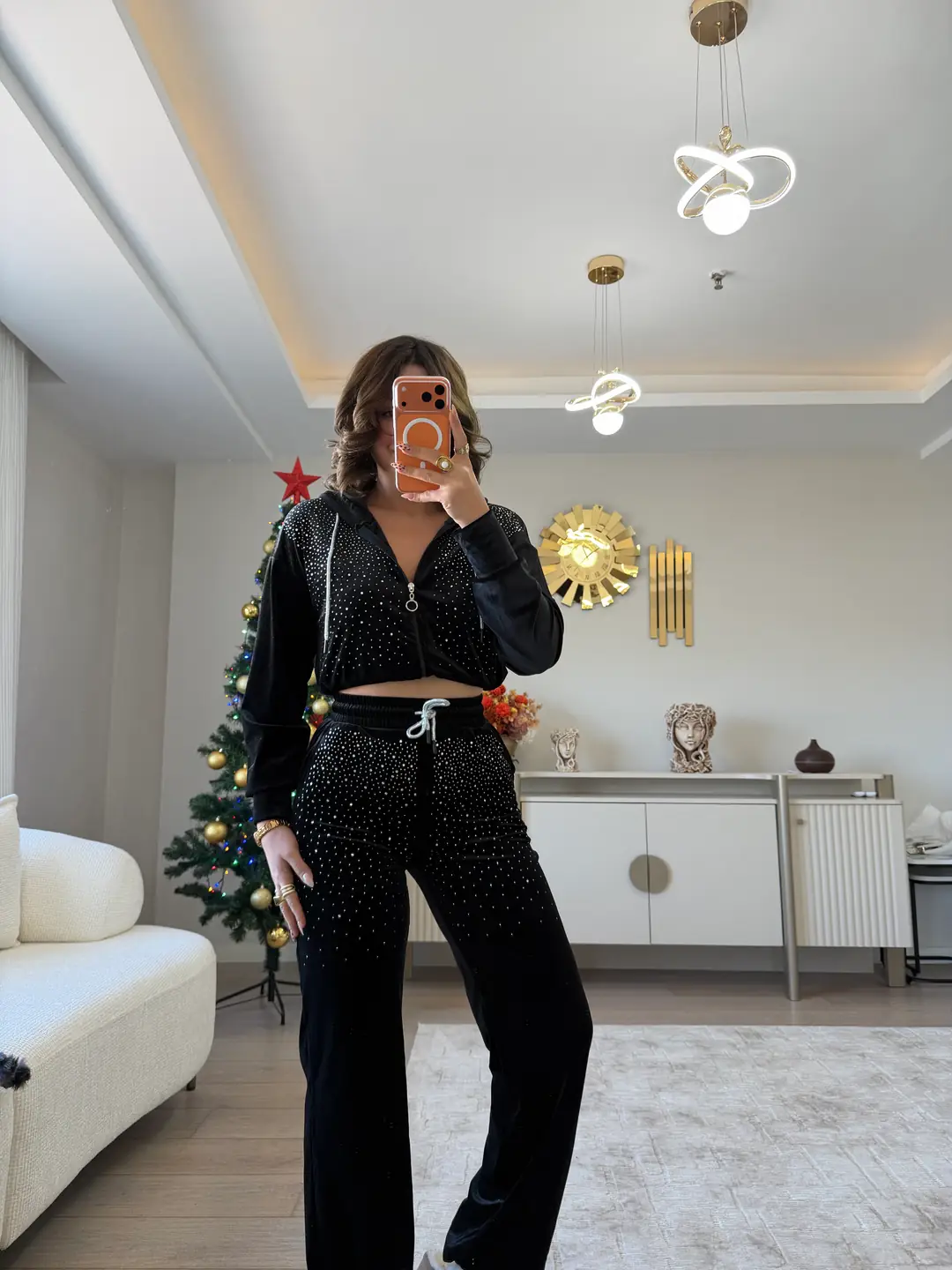 Sava Kadife Taş İşlemeli Takım  - SİYAH