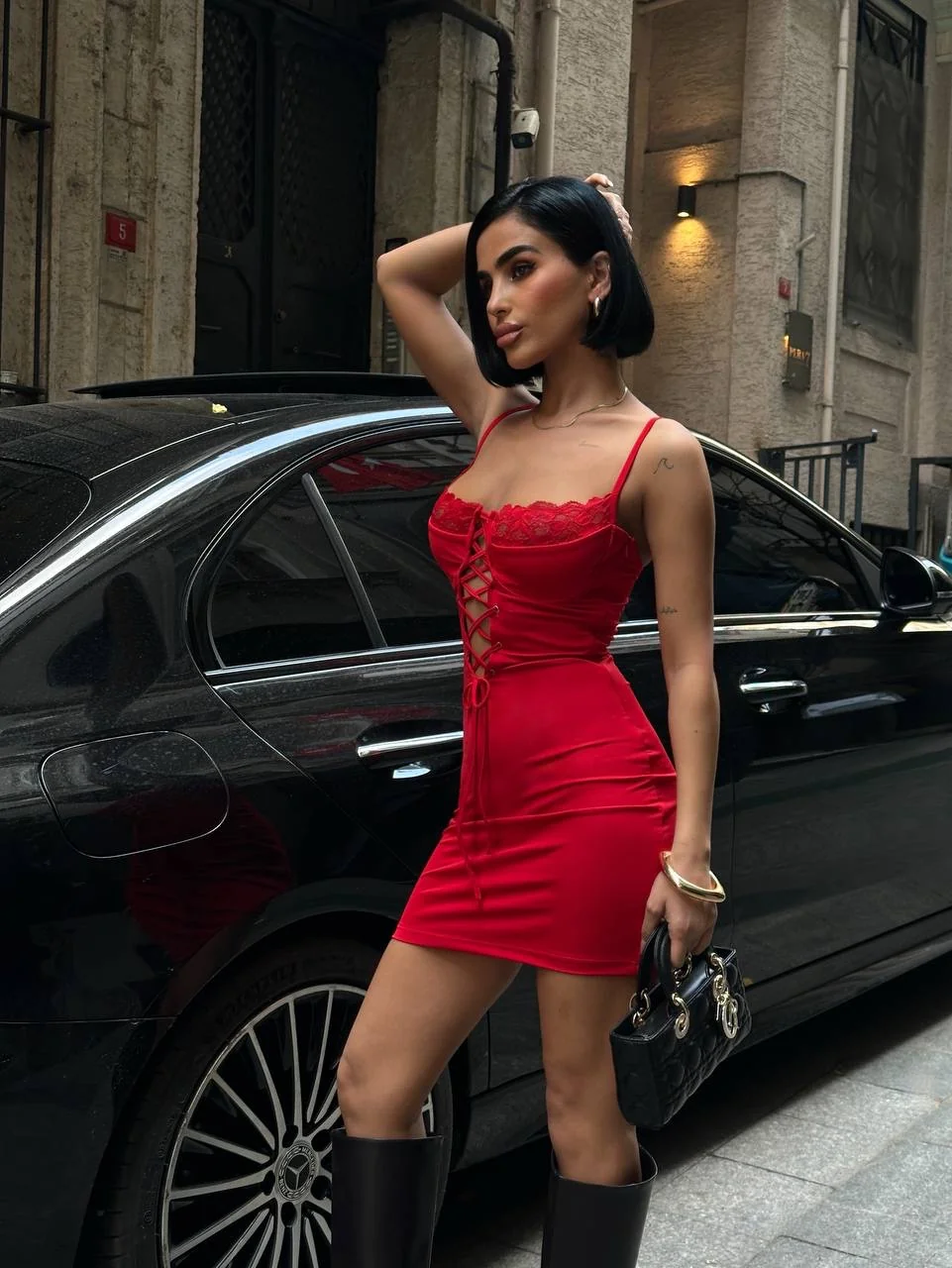 Fleur Gögüs İp Detaylı Mini Elbise - KIRMIZI